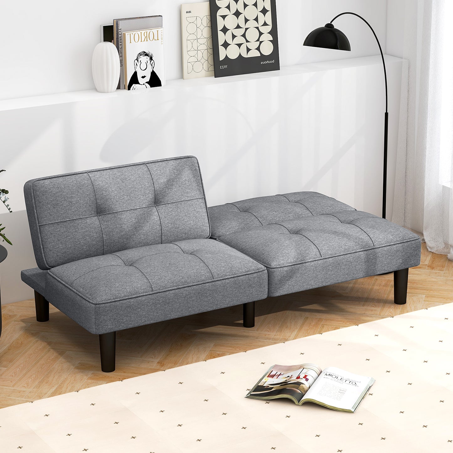 Modern Convertible Futon Sofa Bed with 6-Position Adjustable Backrest and Soft Linen Upholstery