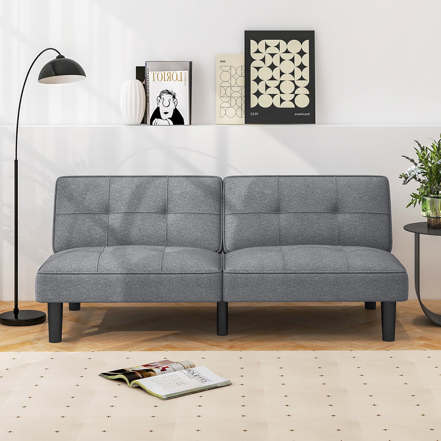 Modern Convertible Futon Sofa Bed with 6-Position Adjustable Backrest and Soft Linen Upholstery