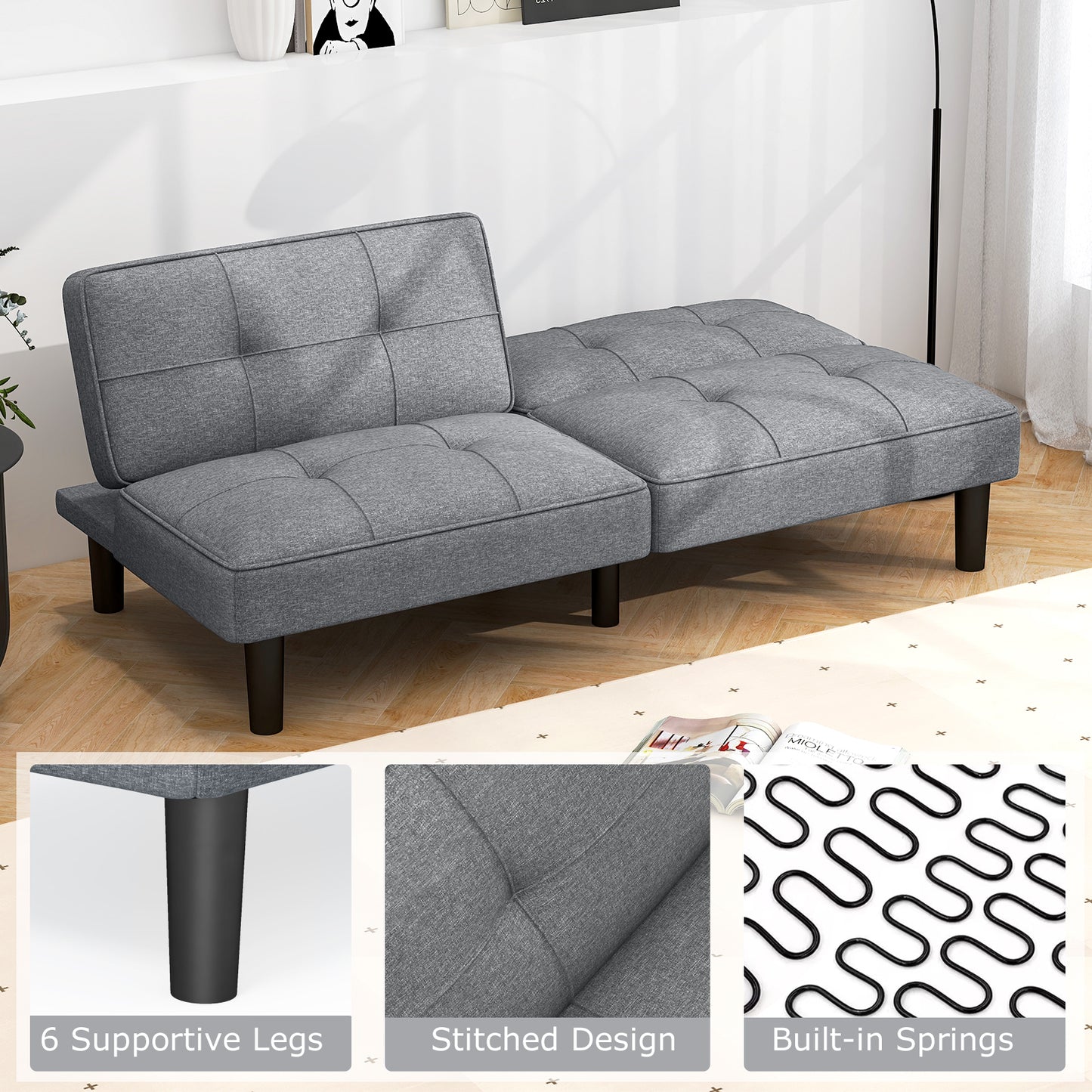 Modern Convertible Futon Sofa Bed with 6-Position Adjustable Backrest and Soft Linen Upholstery