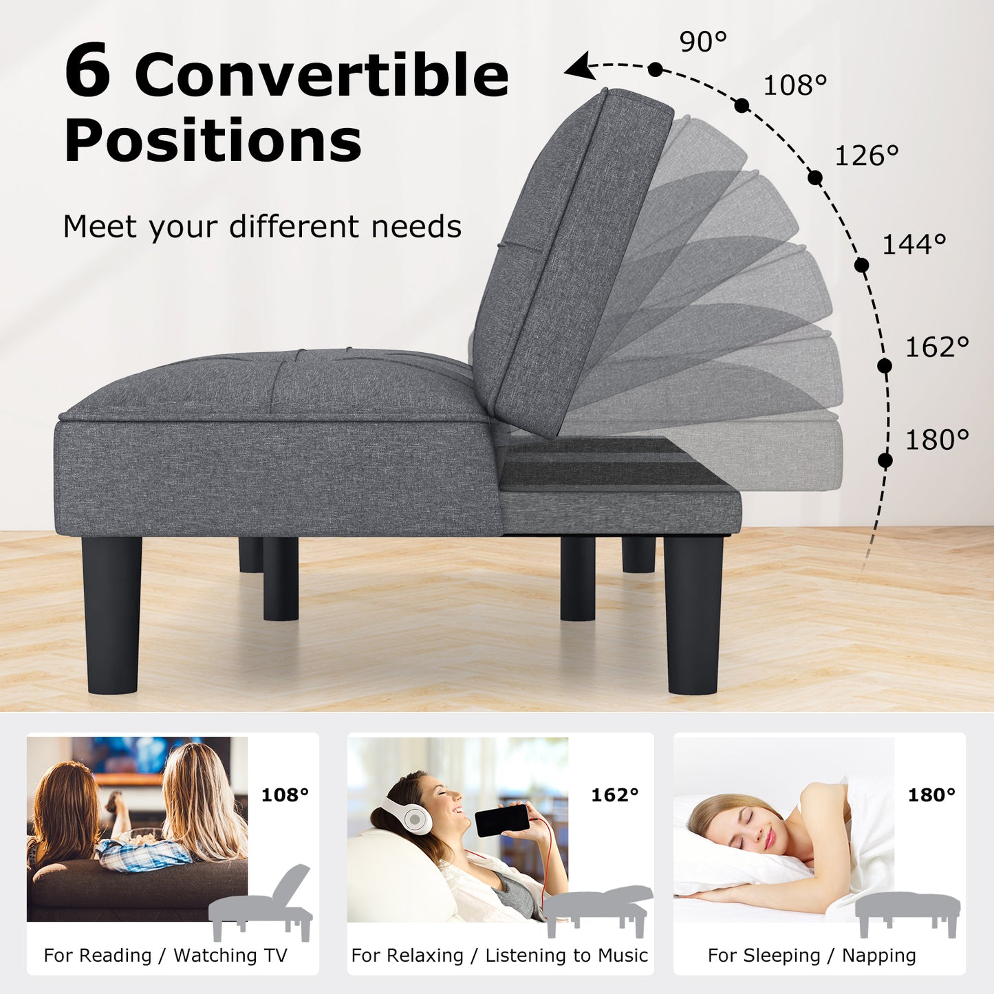 Modern Convertible Futon Sofa Bed with 6-Position Adjustable Backrest and Soft Linen Upholstery