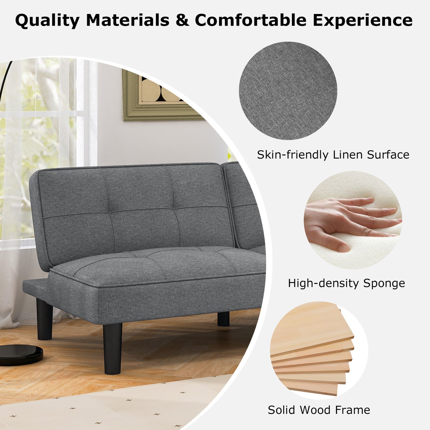 Modern Convertible Futon Sofa Bed with 6-Position Adjustable Backrest and Soft Linen Upholstery