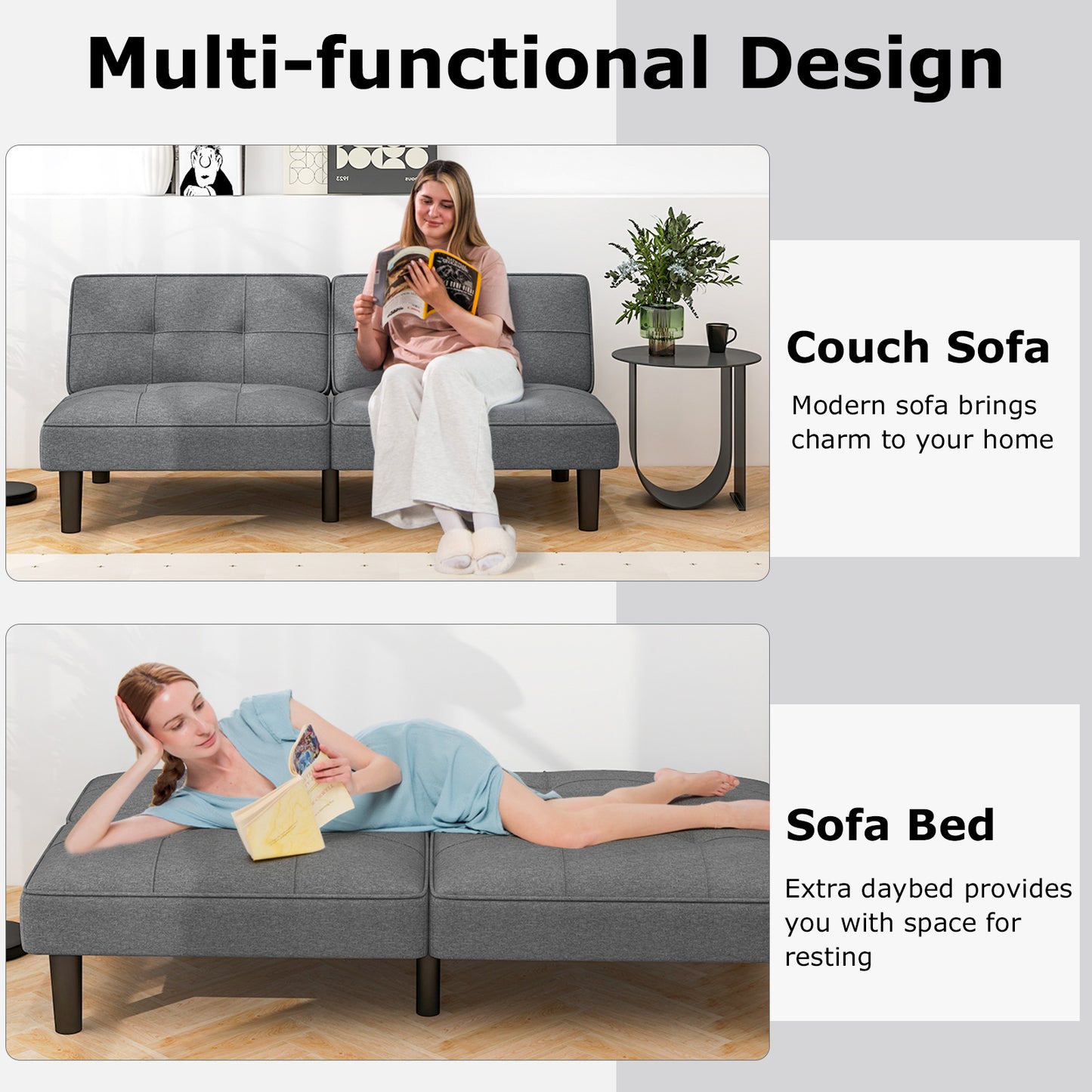 Modern Convertible Futon Sofa Bed with 6-Position Adjustable Backrest and Soft Linen Upholstery