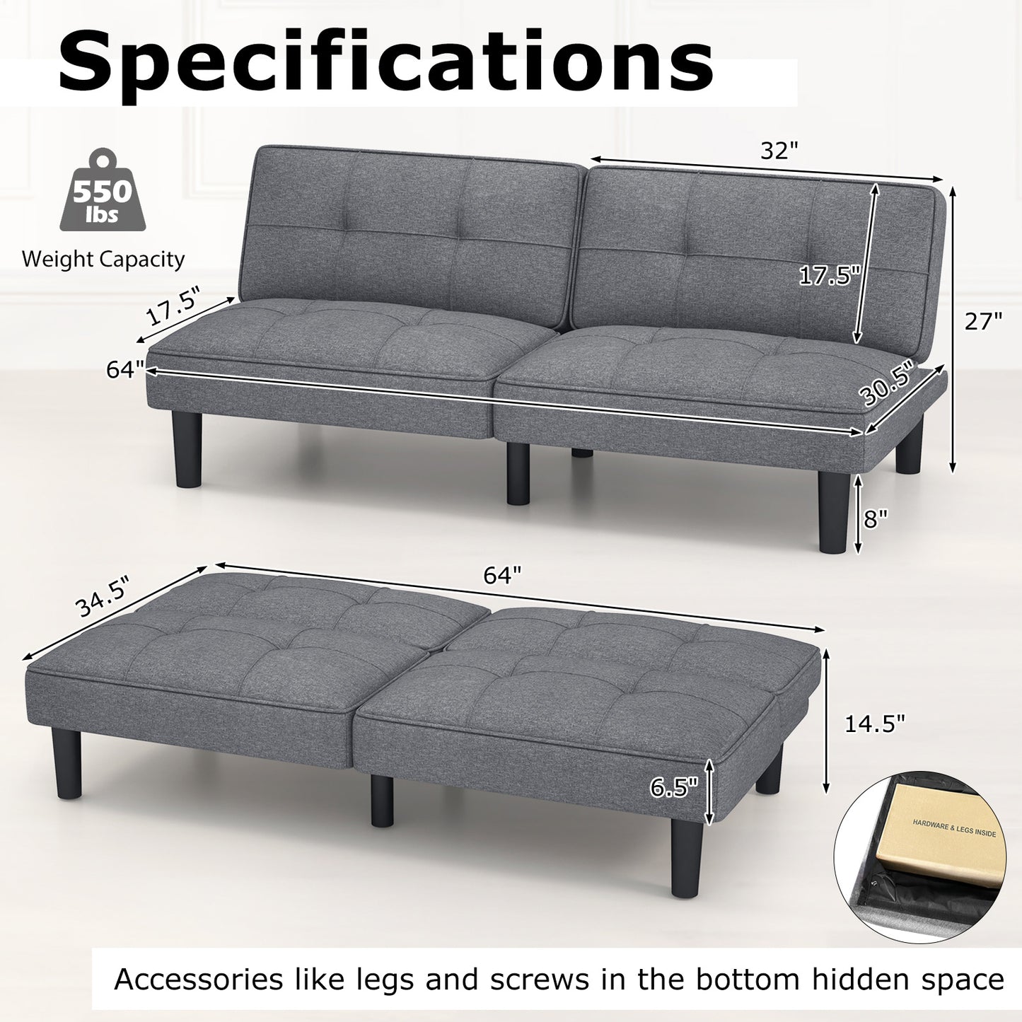Modern Convertible Futon Sofa Bed with 6-Position Adjustable Backrest and Soft Linen Upholstery