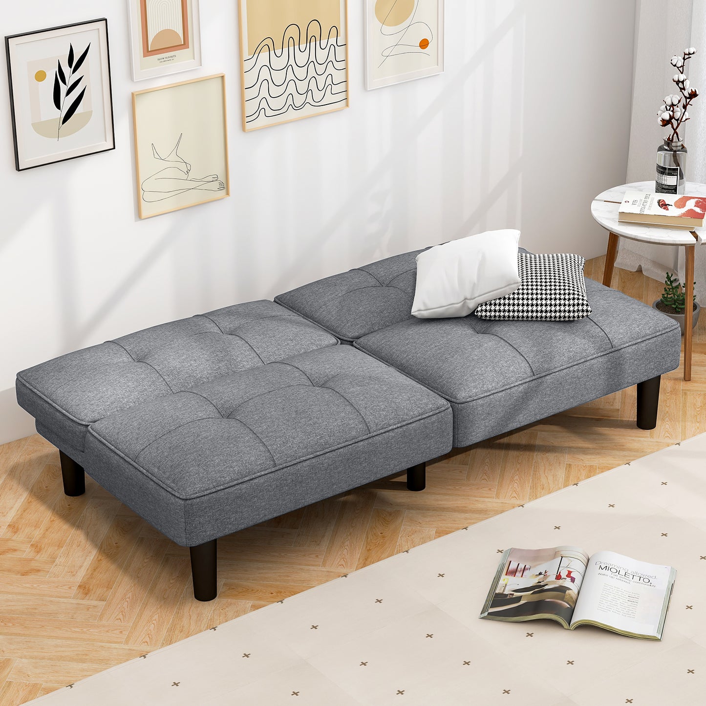 Modern Convertible Futon Sofa Bed with 6-Position Adjustable Backrest and Soft Linen Upholstery