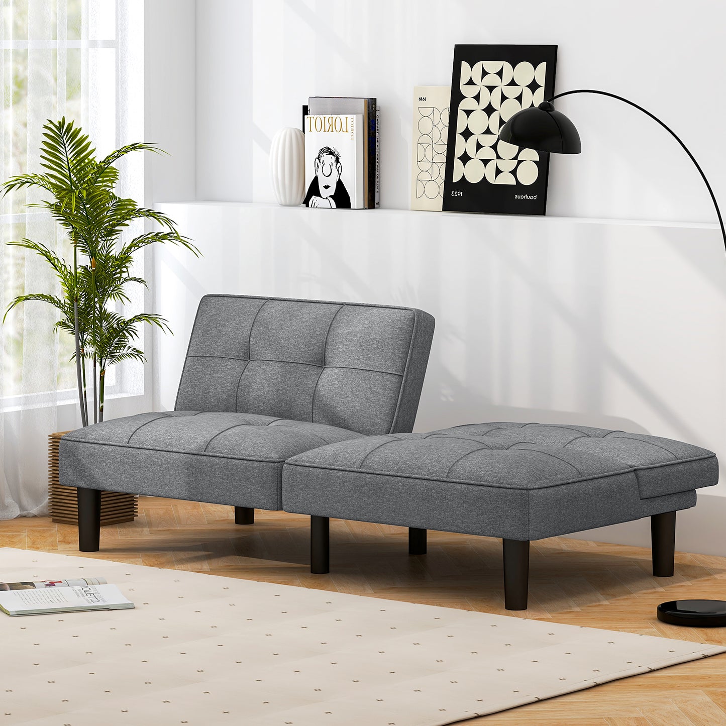 Modern Convertible Futon Sofa Bed with 6-Position Adjustable Backrest and Soft Linen Upholstery