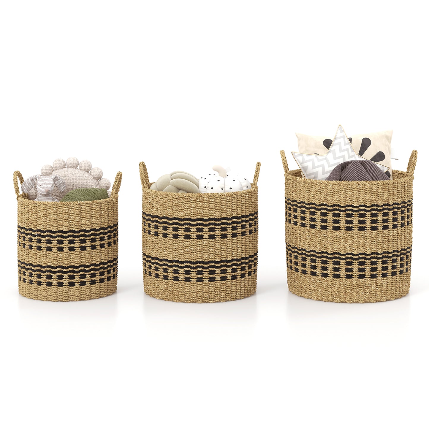 Set of 3 Stackable Storage Baskets, Natural Seaweed & Jute Bins with Handles