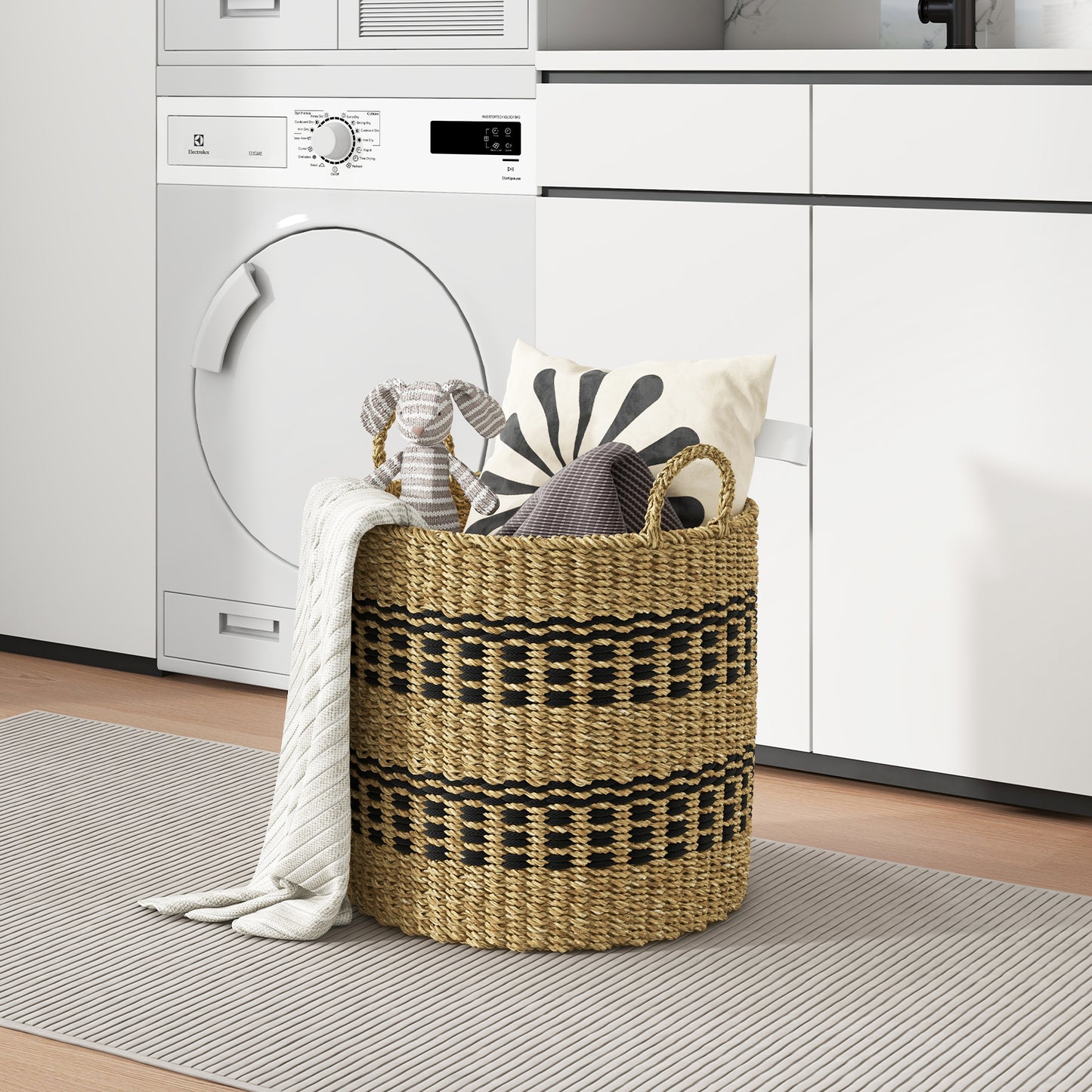 Set of 3 Stackable Storage Baskets, Natural Seaweed & Jute Bins with Handles