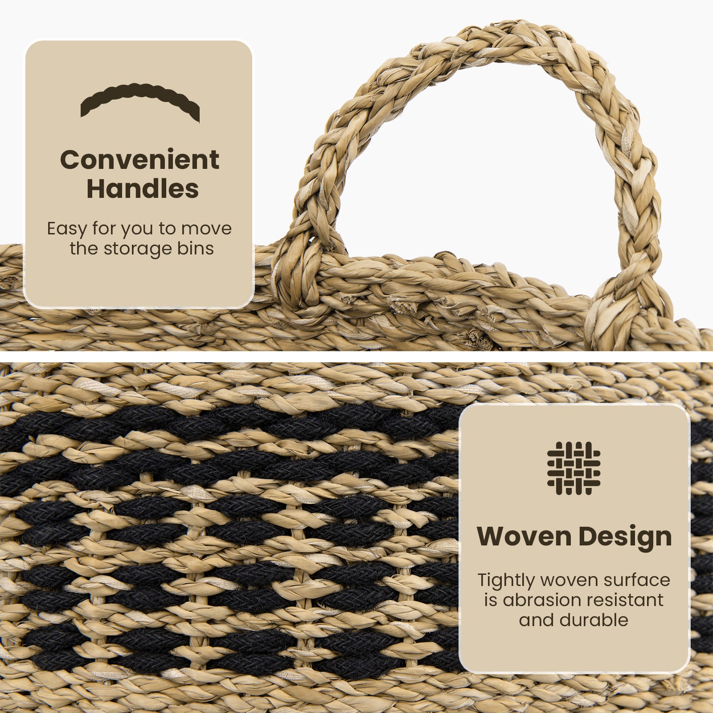 Set of 3 Stackable Storage Baskets, Natural Seaweed & Jute Bins with Handles