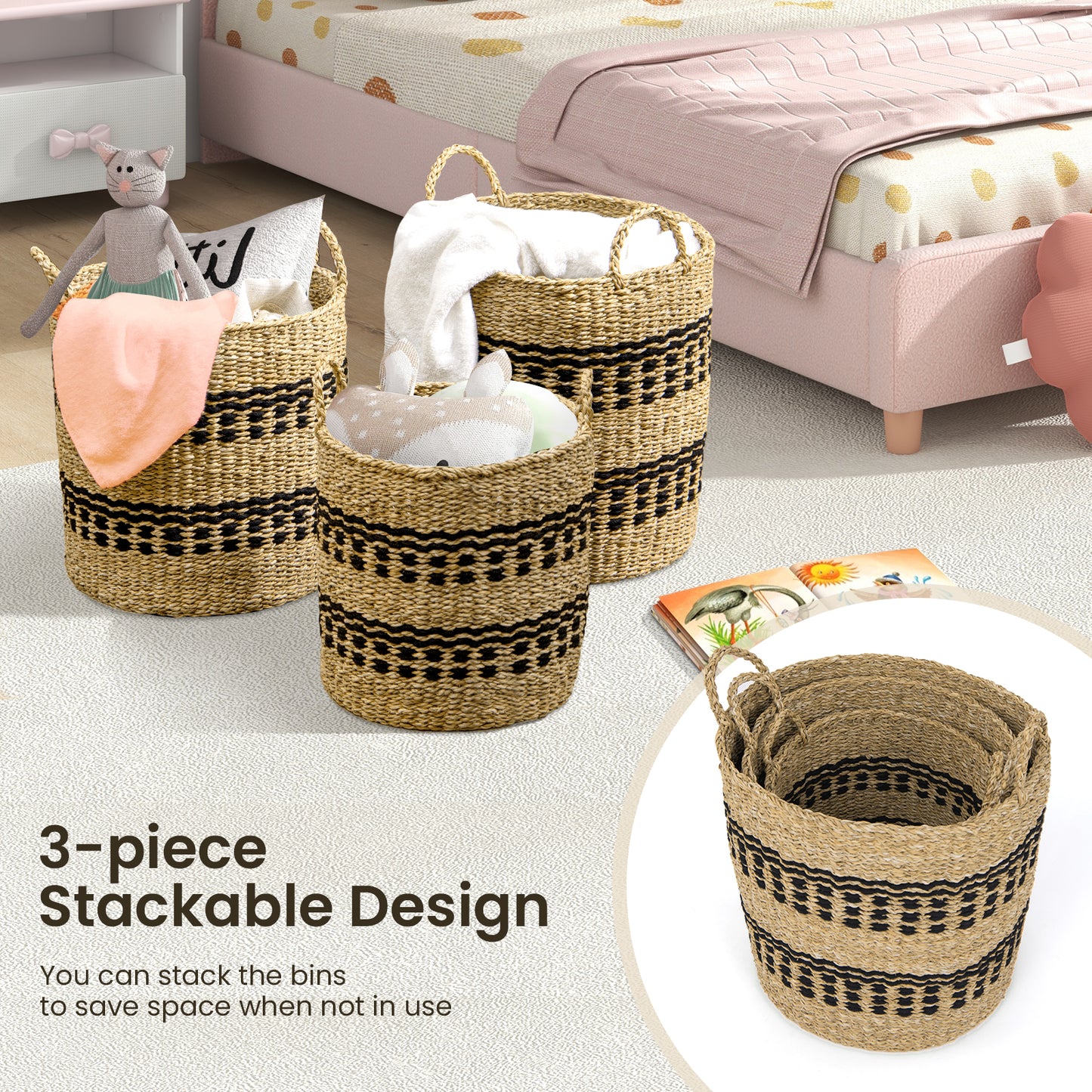 Set of 3 Stackable Storage Baskets, Natural Seaweed & Jute Bins with Handles