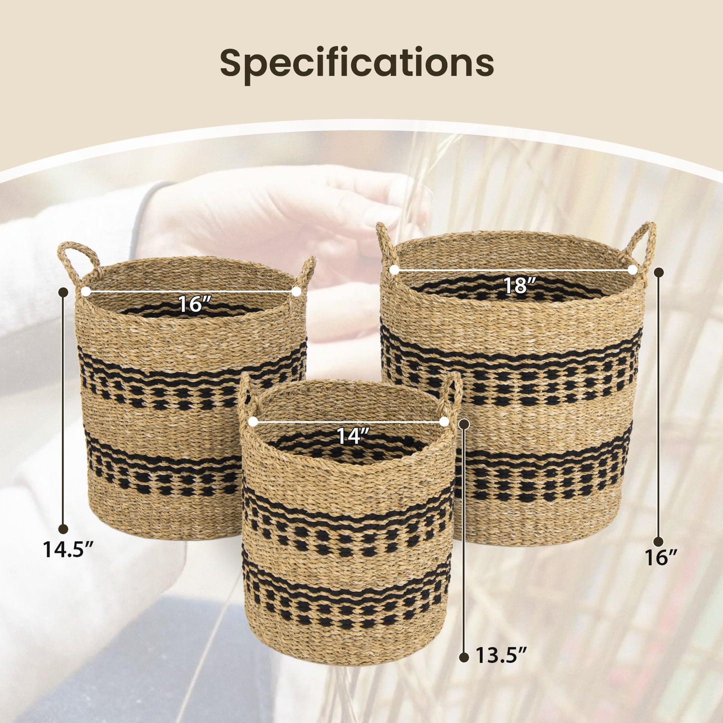 Set of 3 Stackable Storage Baskets, Natural Seaweed & Jute Bins with Handles