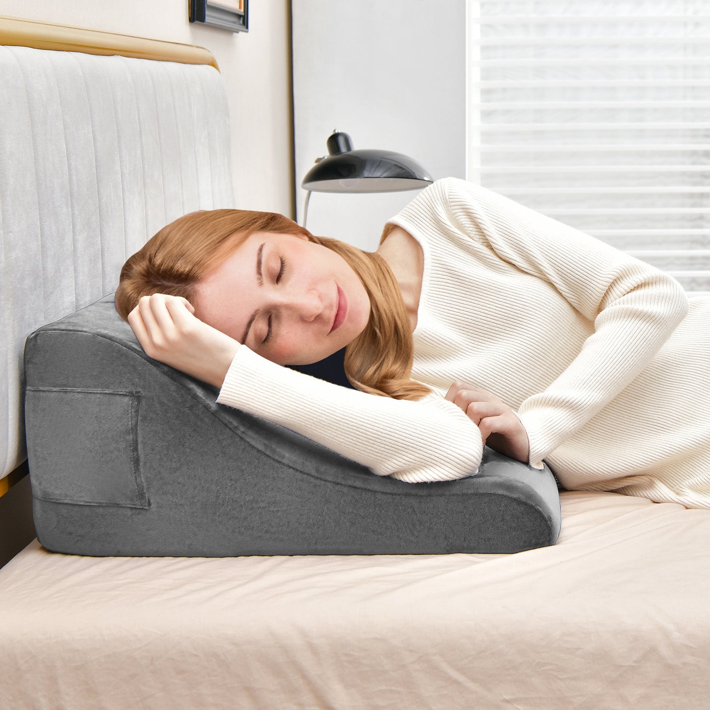Multi-Functional Bed Wedge Pillow with Tablet Stand and Side Pockets – Grey