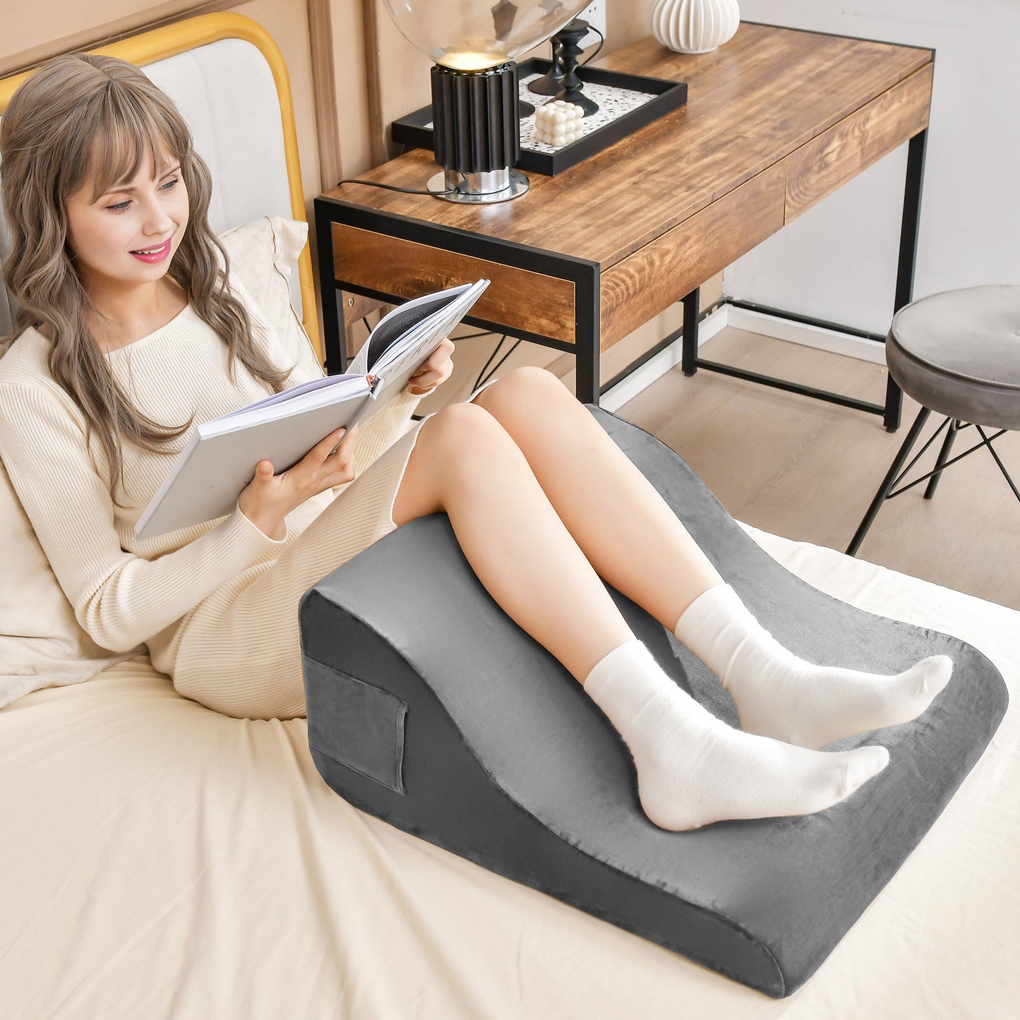Multi-Functional Bed Wedge Pillow with Tablet Stand and Side Pockets – Grey