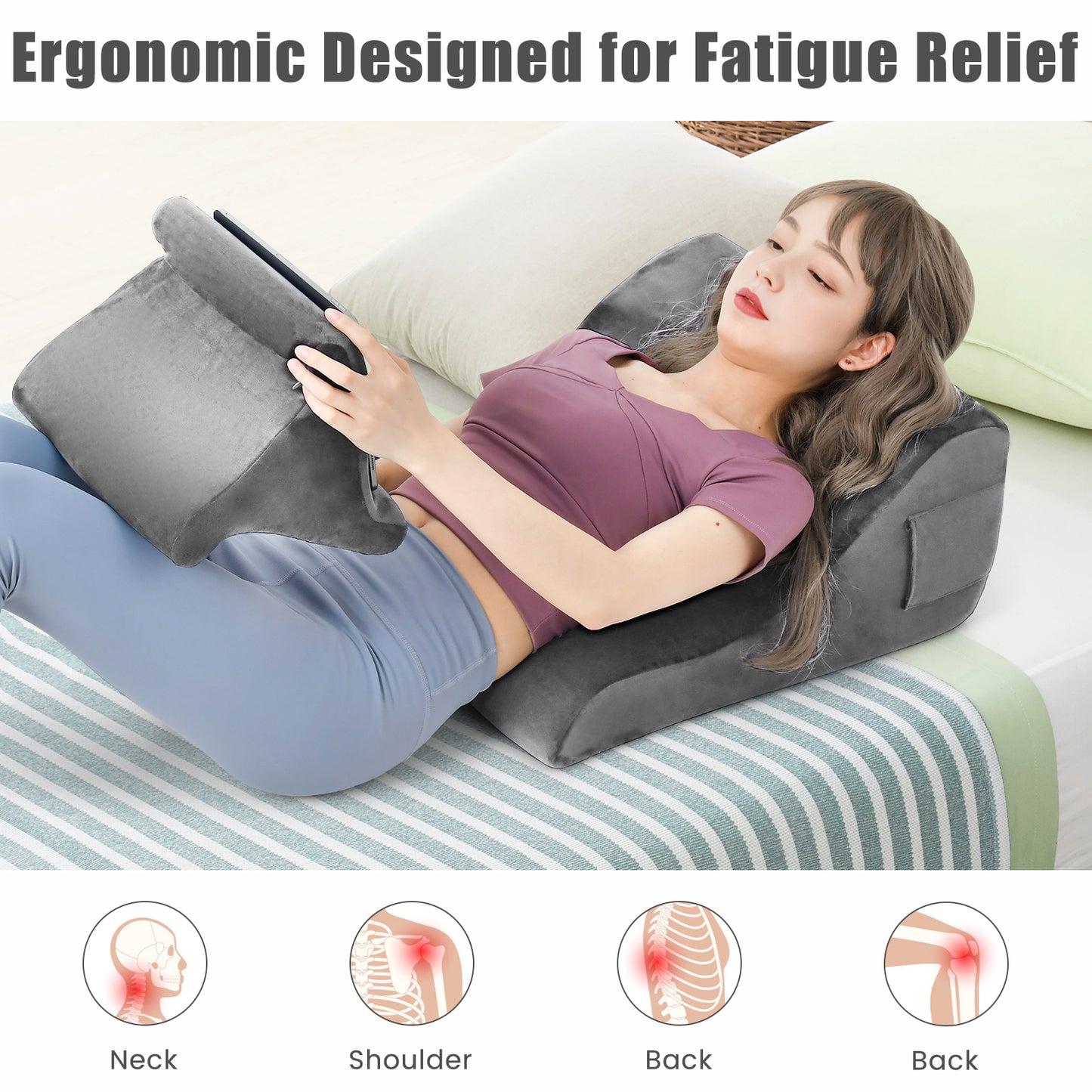 Multi-Functional Bed Wedge Pillow with Tablet Stand and Side Pockets – Grey