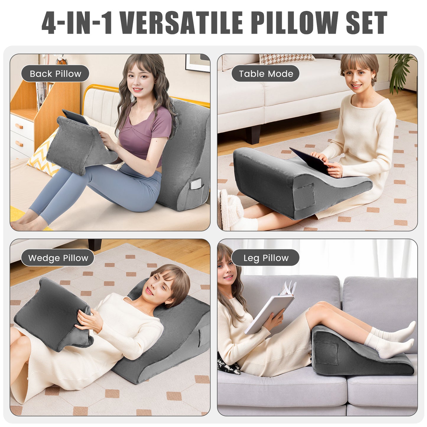 Multi-Functional Bed Wedge Pillow with Tablet Stand and Side Pockets – Grey