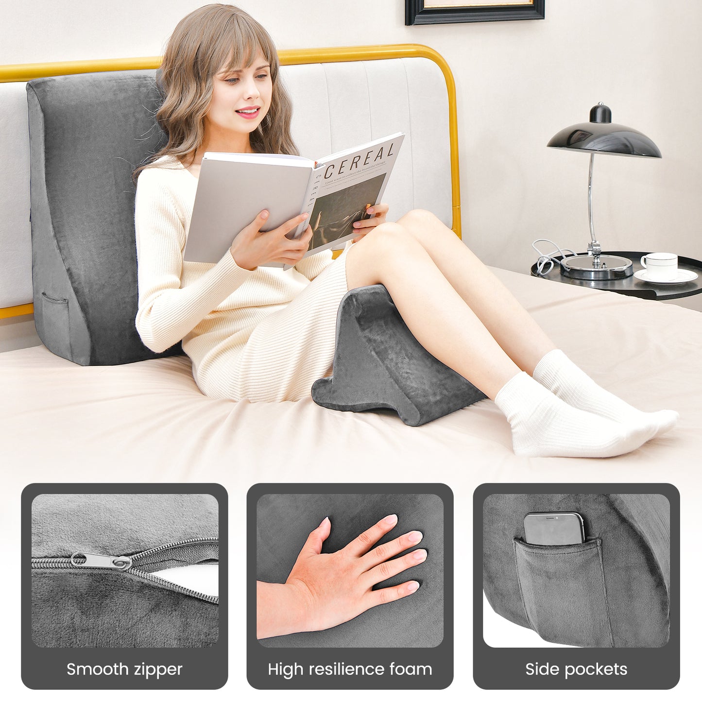 Multi-Functional Bed Wedge Pillow with Tablet Stand and Side Pockets – Grey
