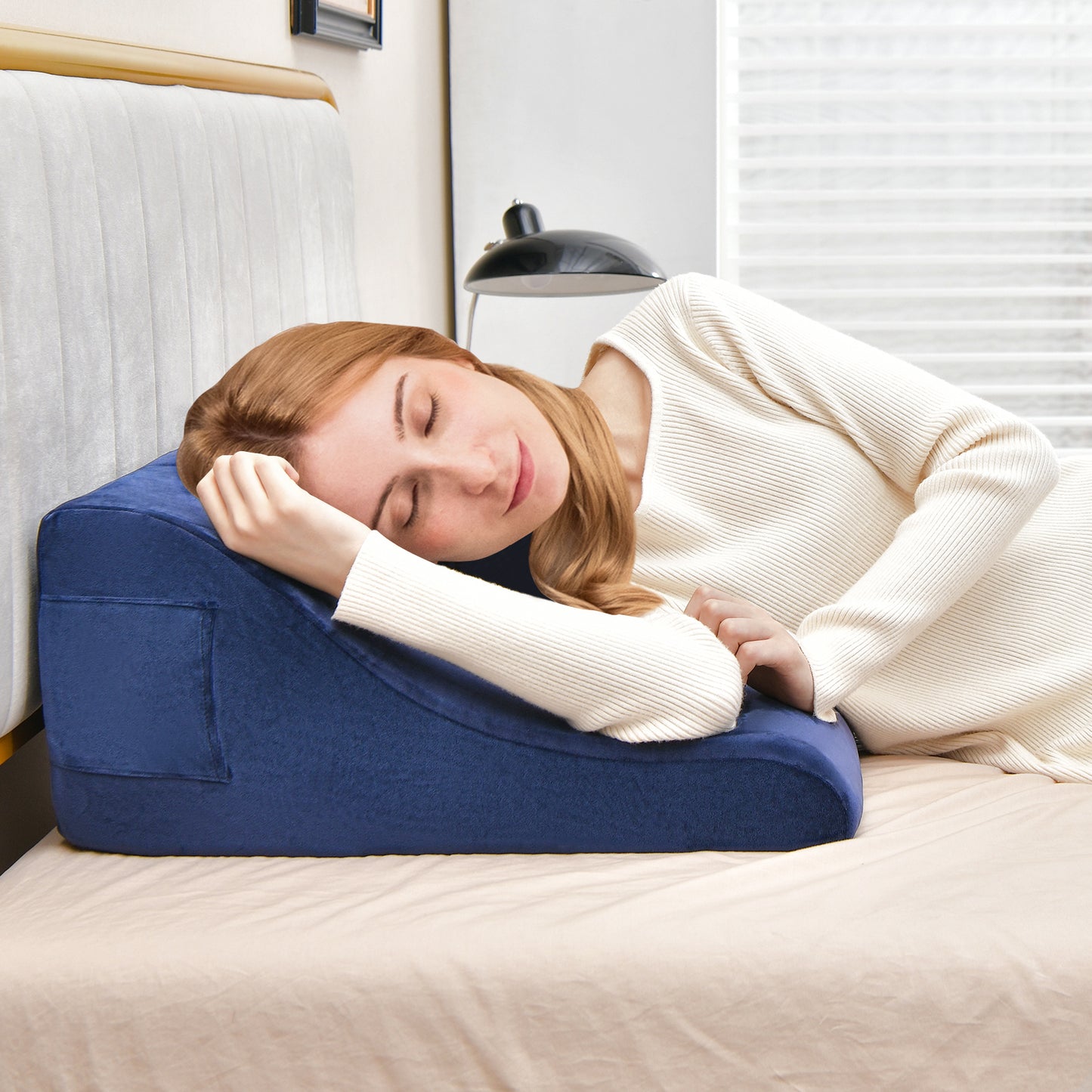 Multi-Functional Bed Wedge Pillow with Tablet Stand and Side Pockets – Navy