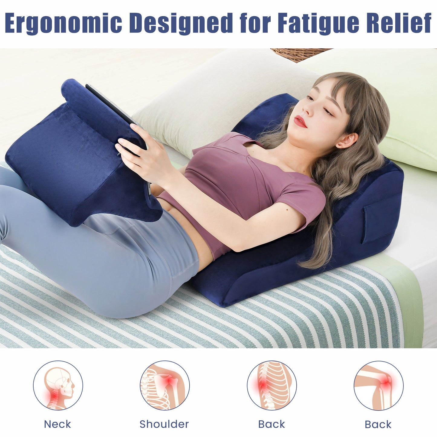 Multi-Functional Bed Wedge Pillow with Tablet Stand and Side Pockets – Navy