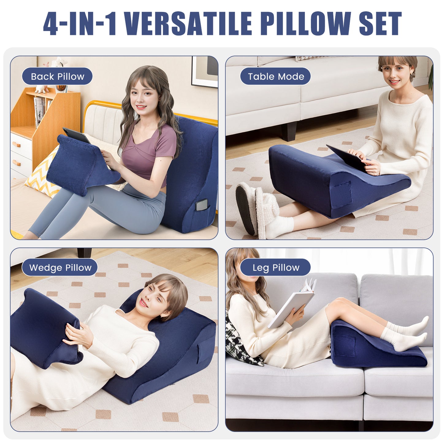 Multi-Functional Bed Wedge Pillow with Tablet Stand and Side Pockets – Navy