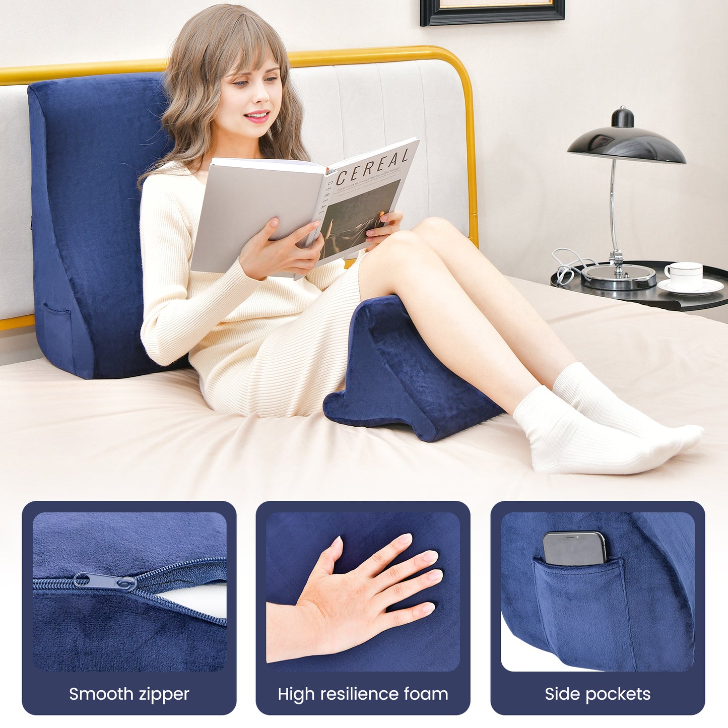 Multi-Functional Bed Wedge Pillow with Tablet Stand and Side Pockets – Navy