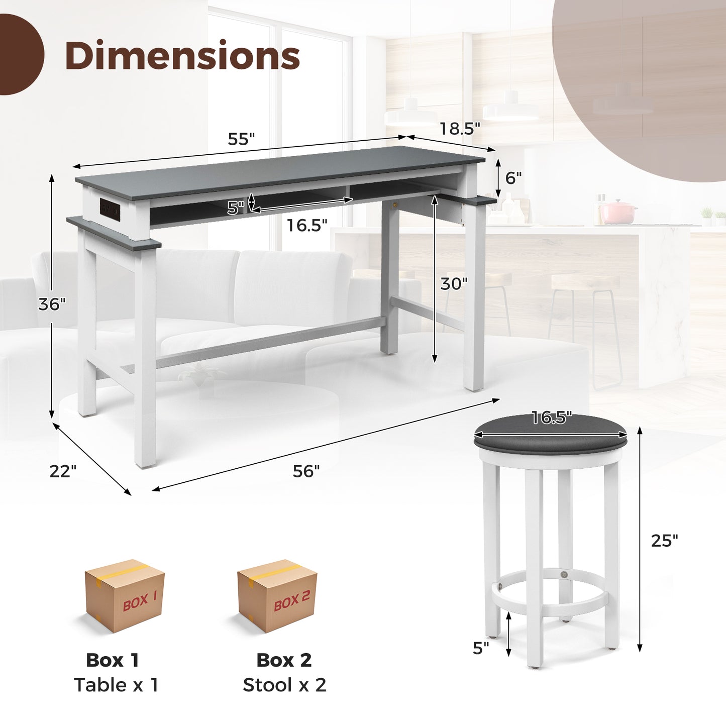 Modern 3 Piece Bar Table Set with Power Outlets Storage Shelves and 2 Upholstered Stools in Grey