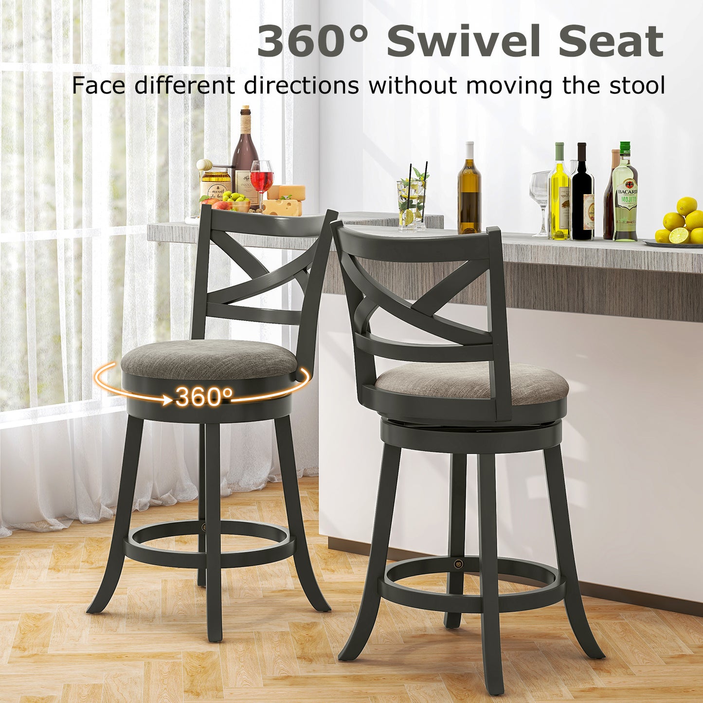 Swivel Bar Stools with Hollow Back and Plush Padded Seat 27 Inch – Set of 2