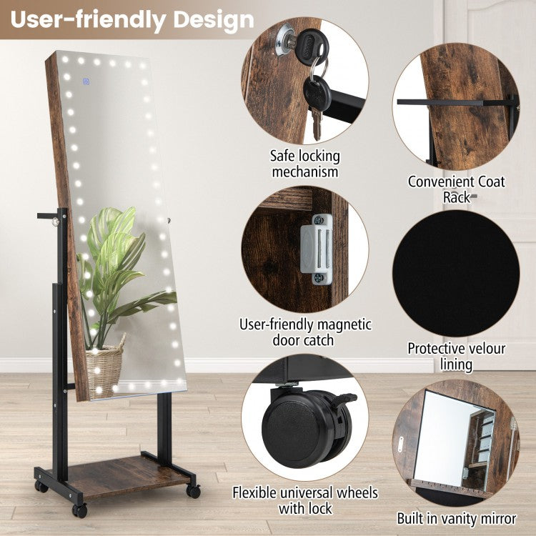 LED Mirror Jewelry Cabinet Armoire with Adjustable Height, Lockable Storage, and Wheels – Brown