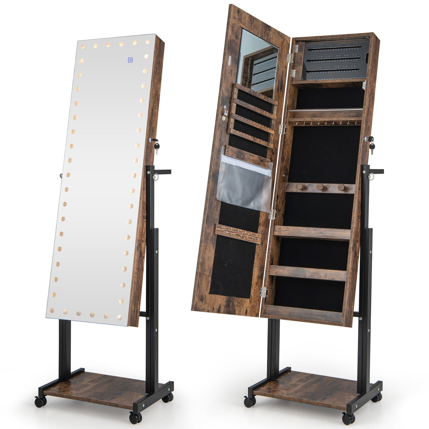 LED Mirror Jewelry Cabinet Armoire with Adjustable Height, Lockable Storage, and Wheels – Brown