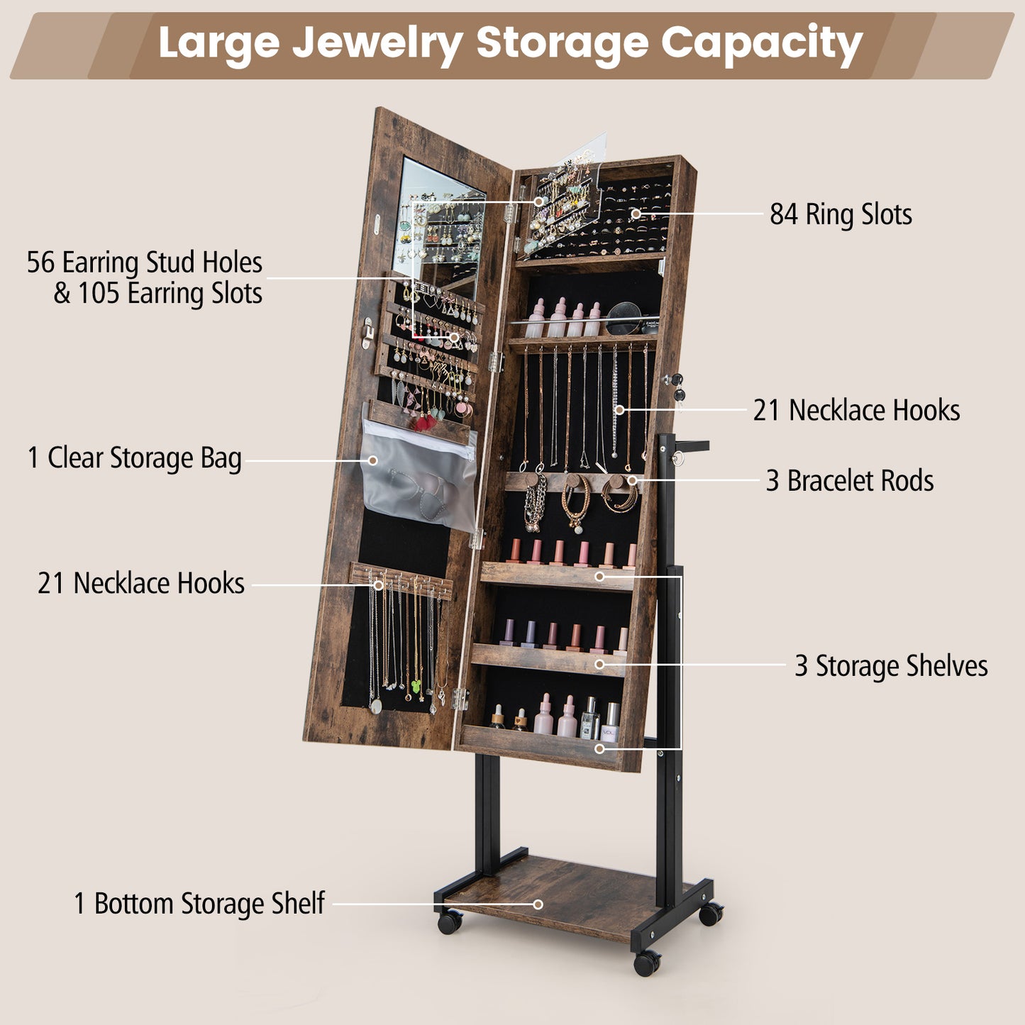 LED Mirror Jewelry Cabinet Armoire with Adjustable Height, Lockable Storage, and Wheels – Brown