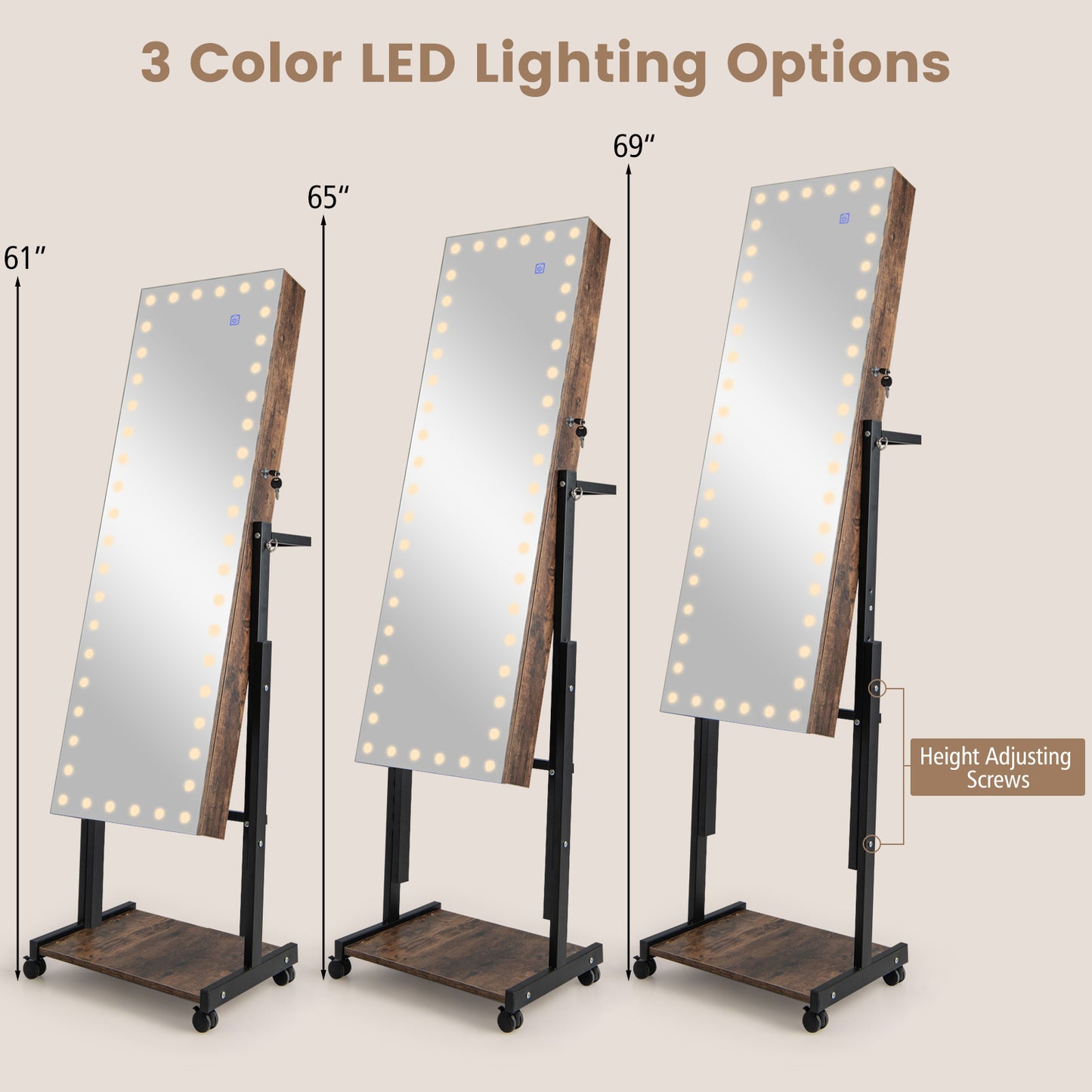 LED Mirror Jewelry Cabinet Armoire with Adjustable Height, Lockable Storage, and Wheels – Brown