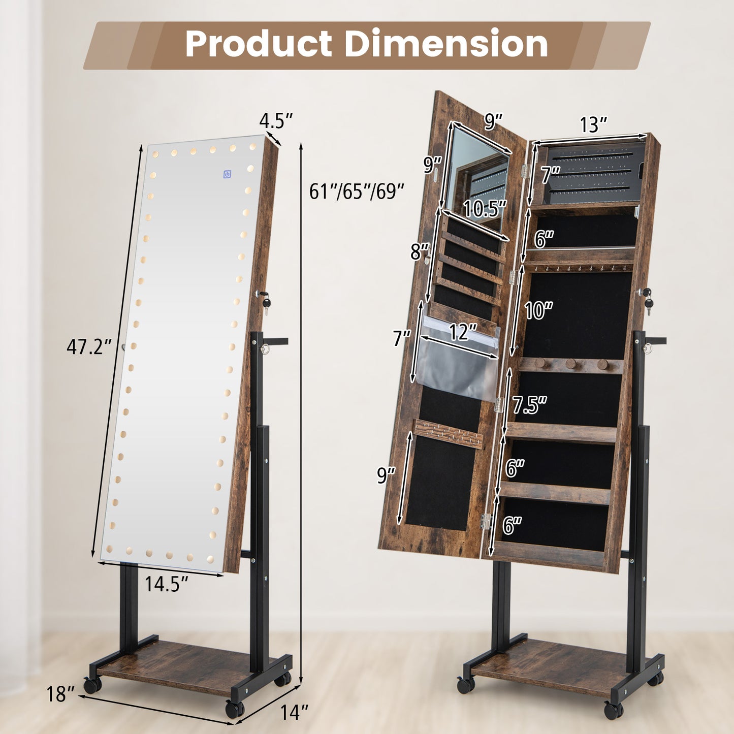 LED Mirror Jewelry Cabinet Armoire with Adjustable Height, Lockable Storage, and Wheels – Brown