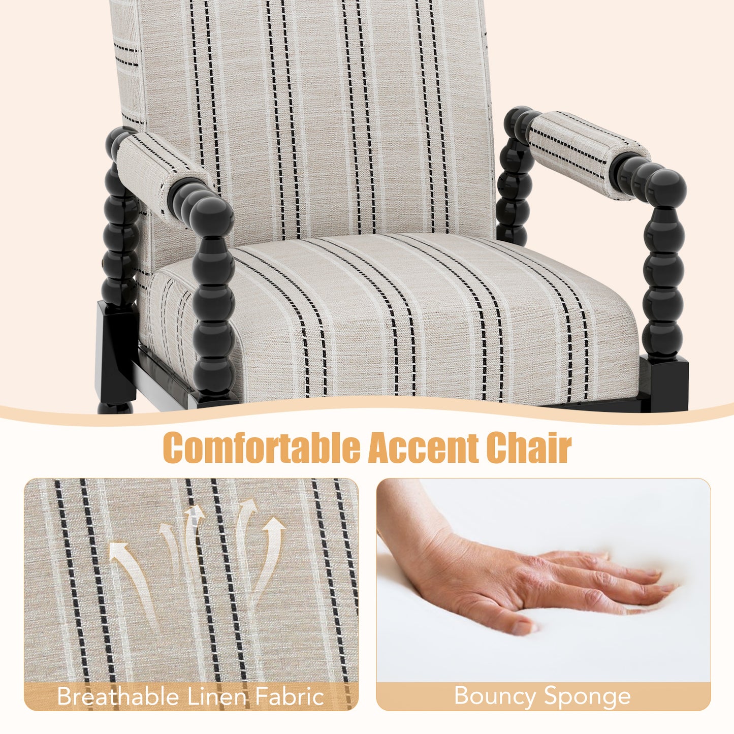 Elegant Upholstered Lounge Chair with Rubber Wood Legs and Cushioned Seat