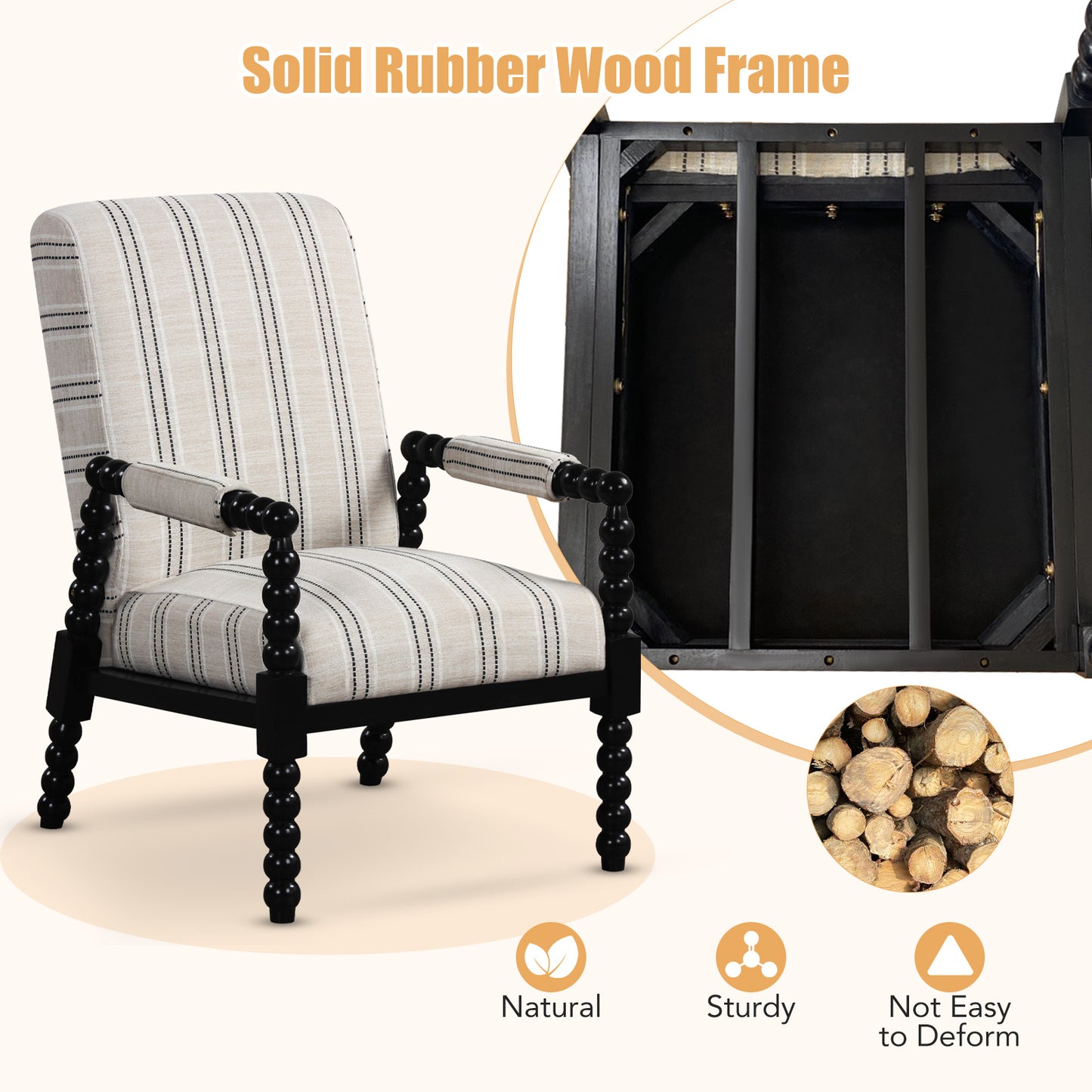 Elegant Upholstered Lounge Chair with Rubber Wood Legs and Cushioned Seat