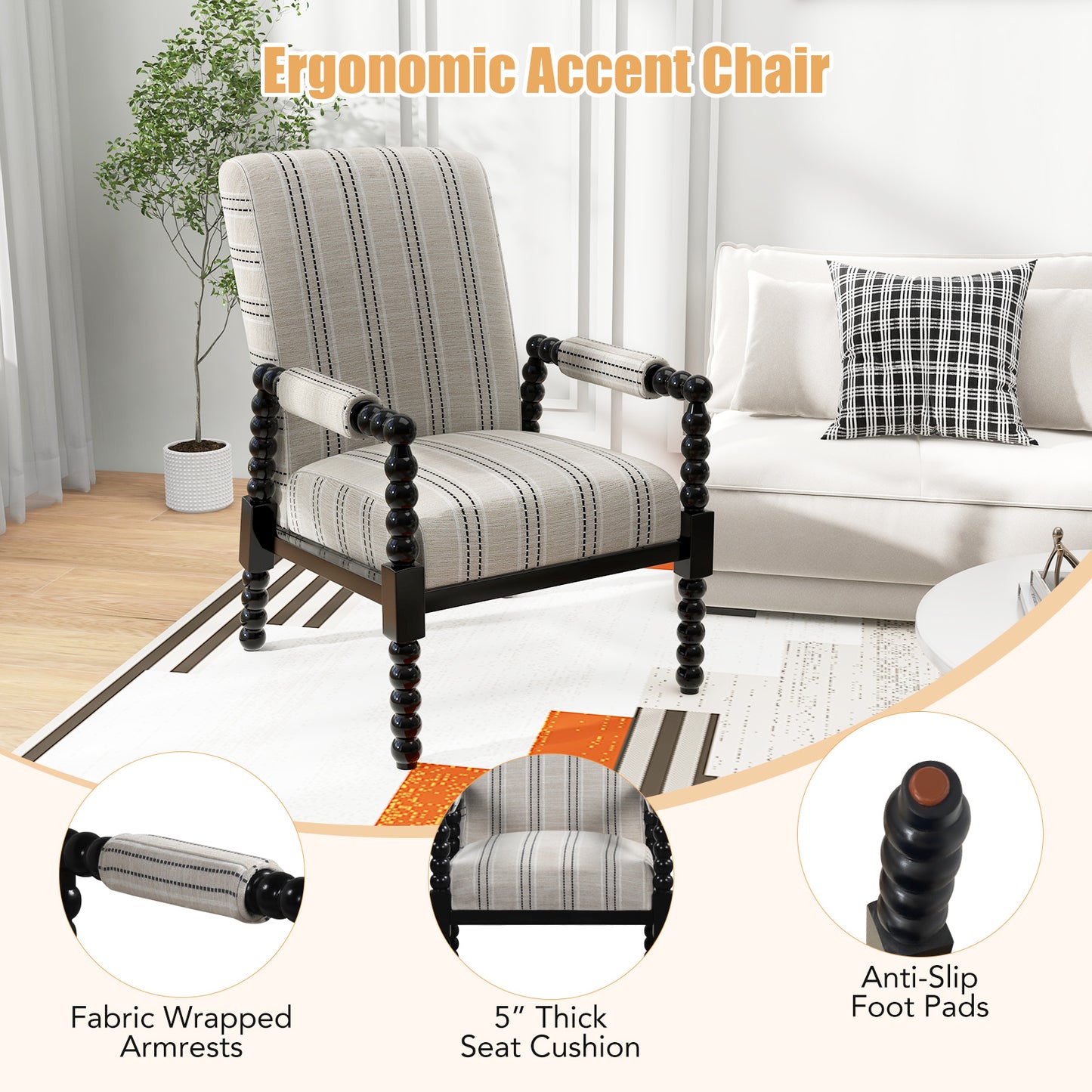Elegant Upholstered Lounge Chair with Rubber Wood Legs and Cushioned Seat