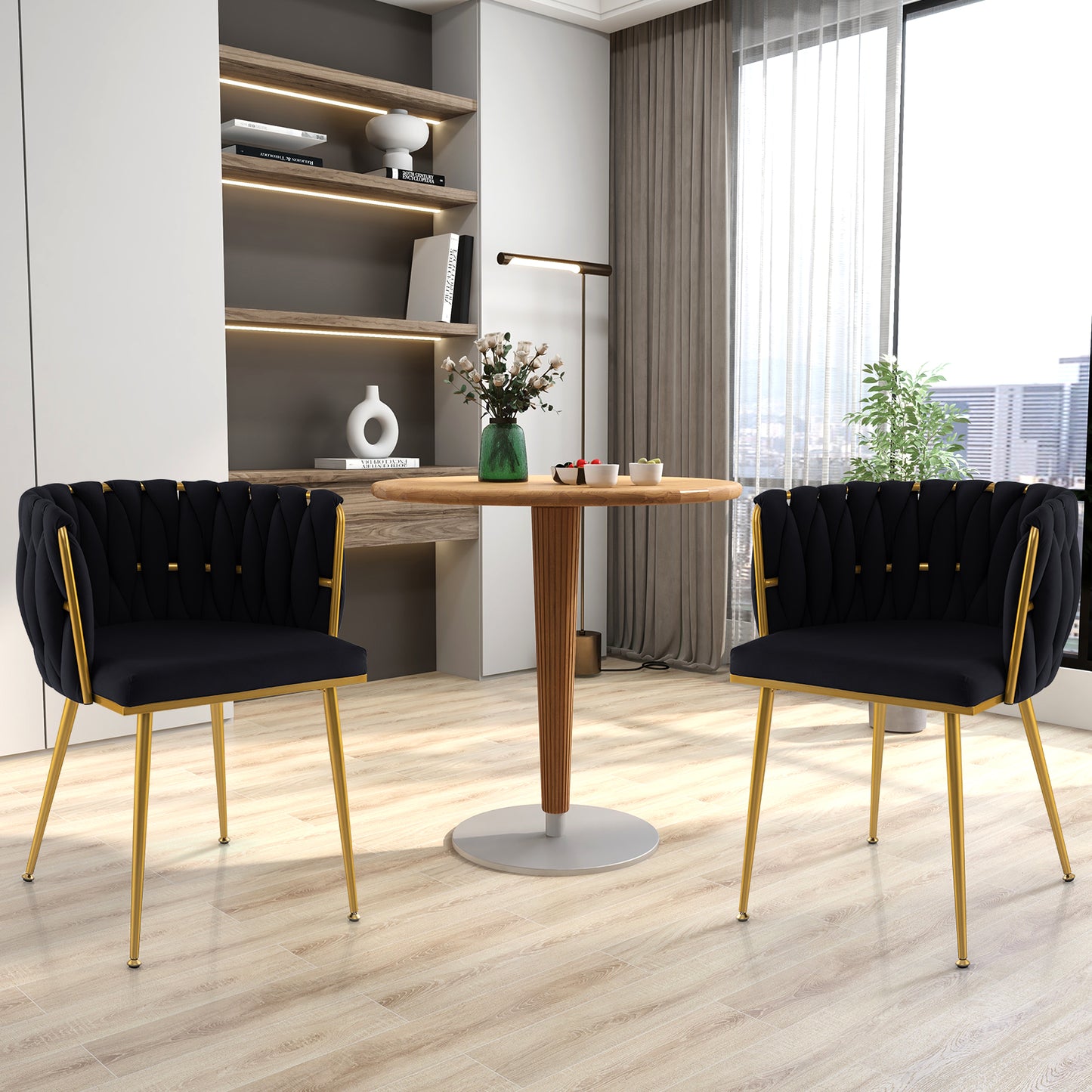 Set of 2 Velvet Upholstered Dining Chairs with Curved Backrest and Metal Frame - Black