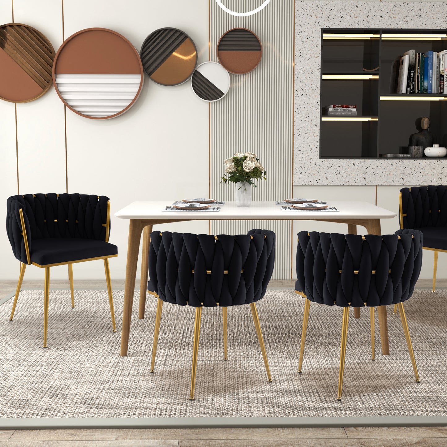 Set of 2 Velvet Upholstered Dining Chairs with Curved Backrest and Metal Frame - Black