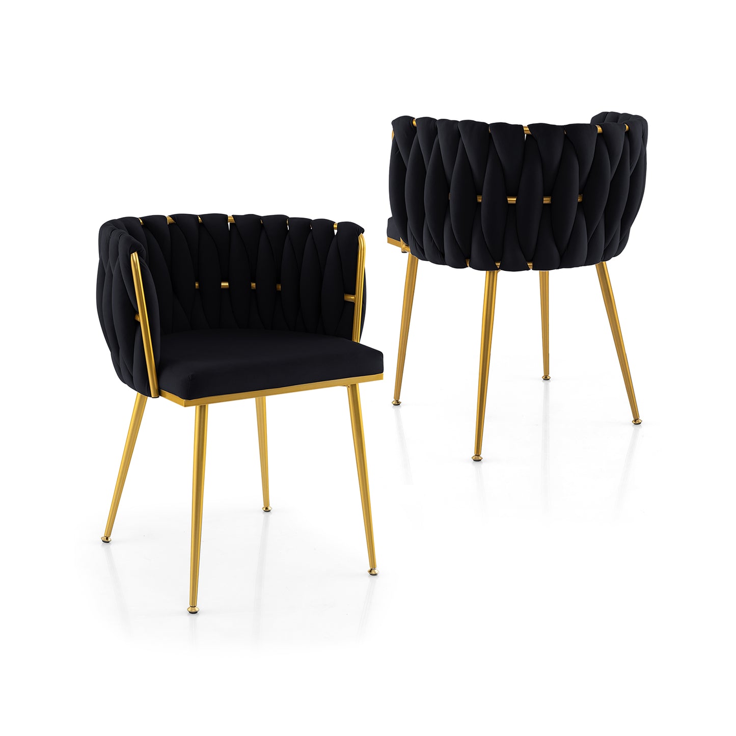 Set of 2 Velvet Upholstered Dining Chairs with Curved Backrest and Metal Frame - Black