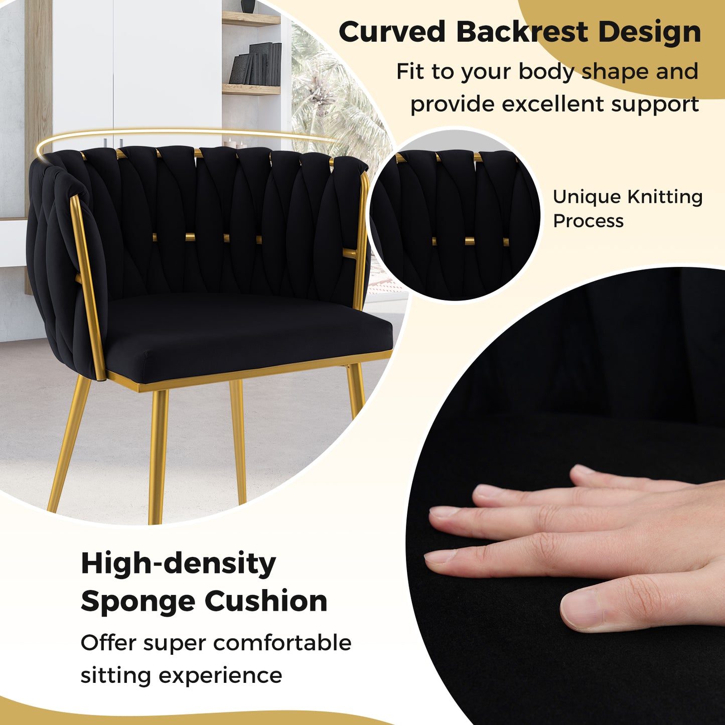 Set of 2 Velvet Upholstered Dining Chairs with Curved Backrest and Metal Frame - Black