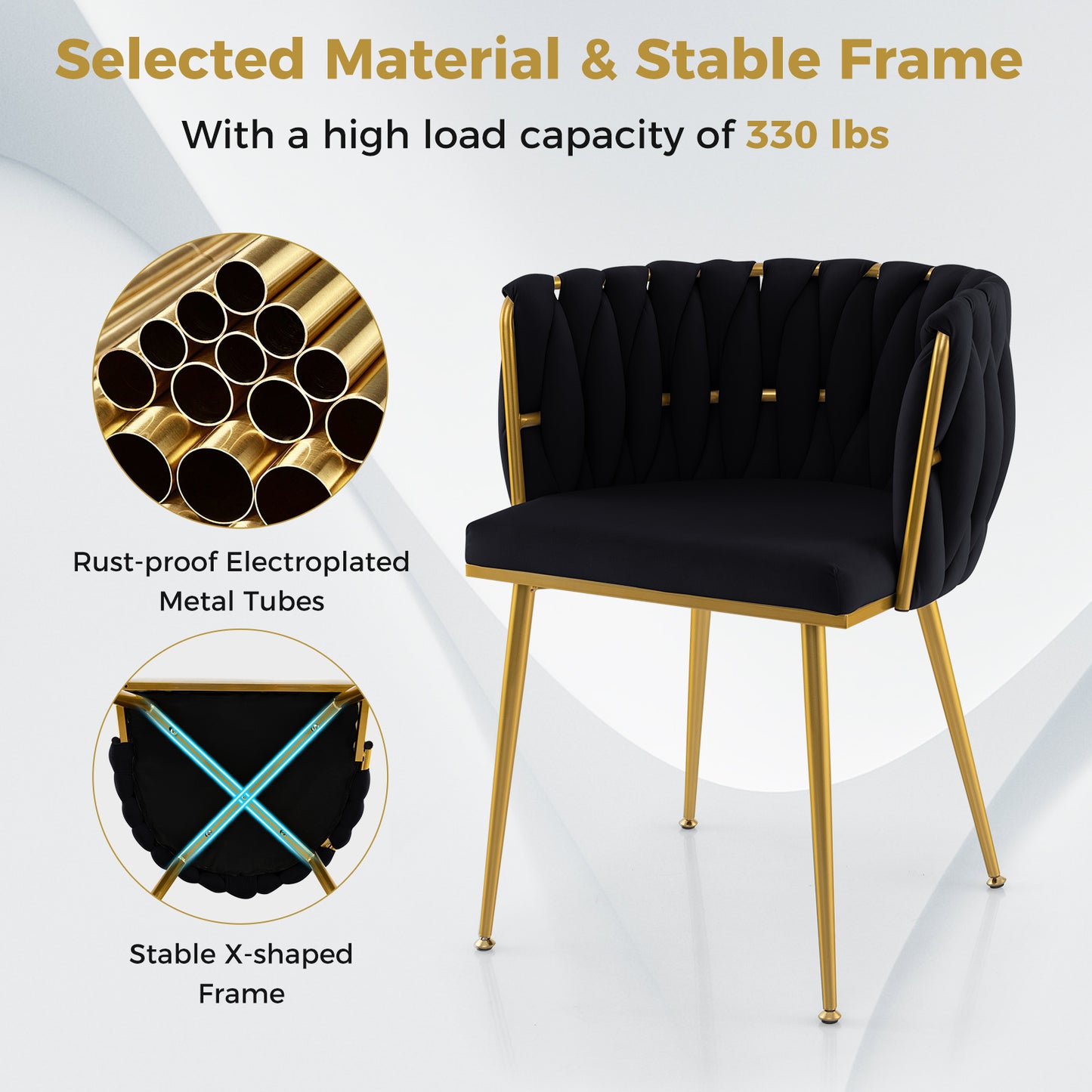 Set of 2 Velvet Upholstered Dining Chairs with Curved Backrest and Metal Frame - Black