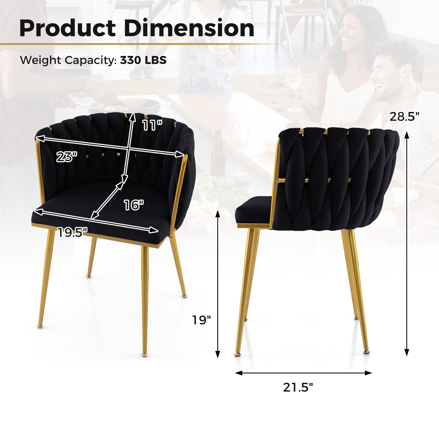 Set of 2 Velvet Upholstered Dining Chairs with Curved Backrest and Metal Frame - Black