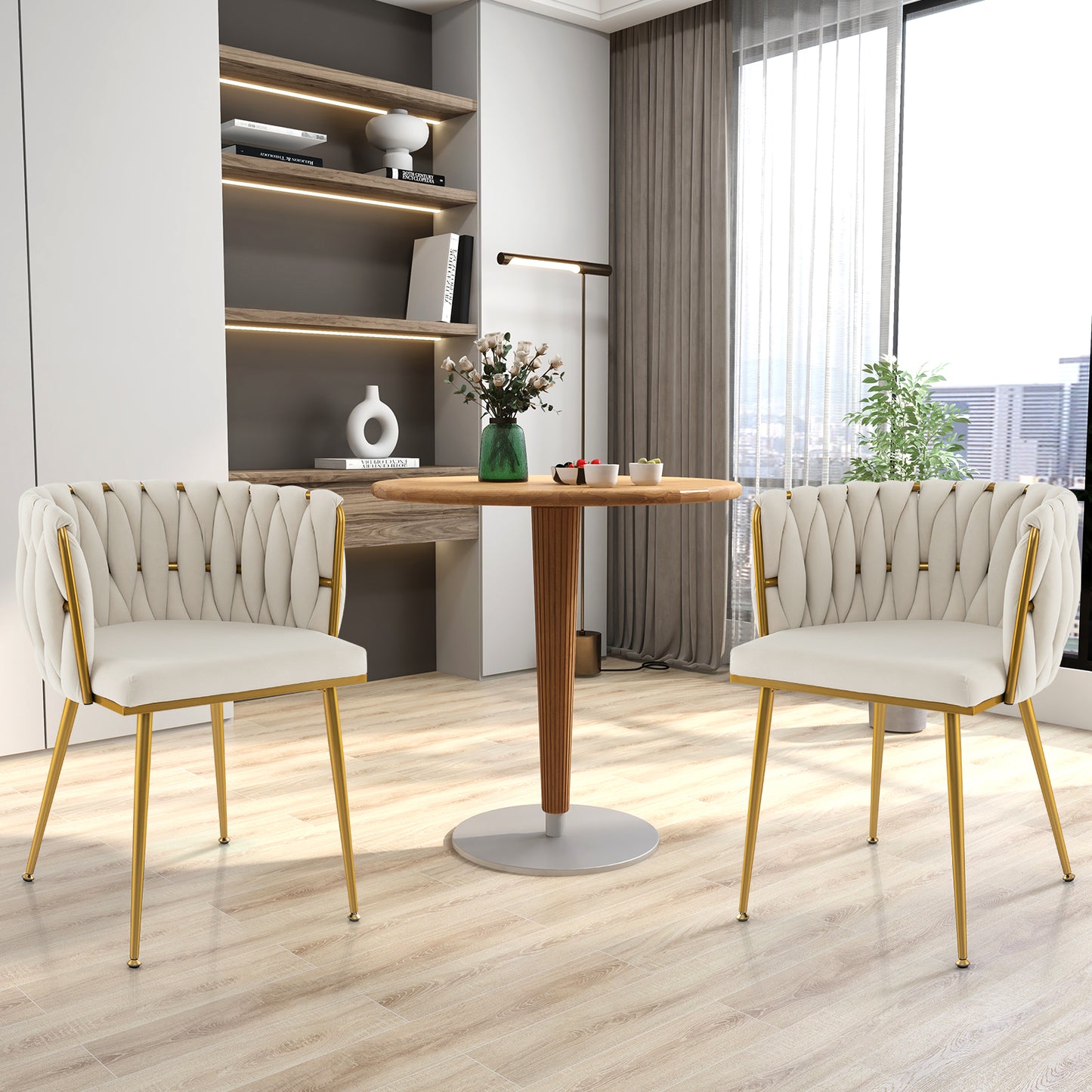 Set of 2 Velvet Upholstered Dining Chairs with Curved Backrest and Metal Frame - White