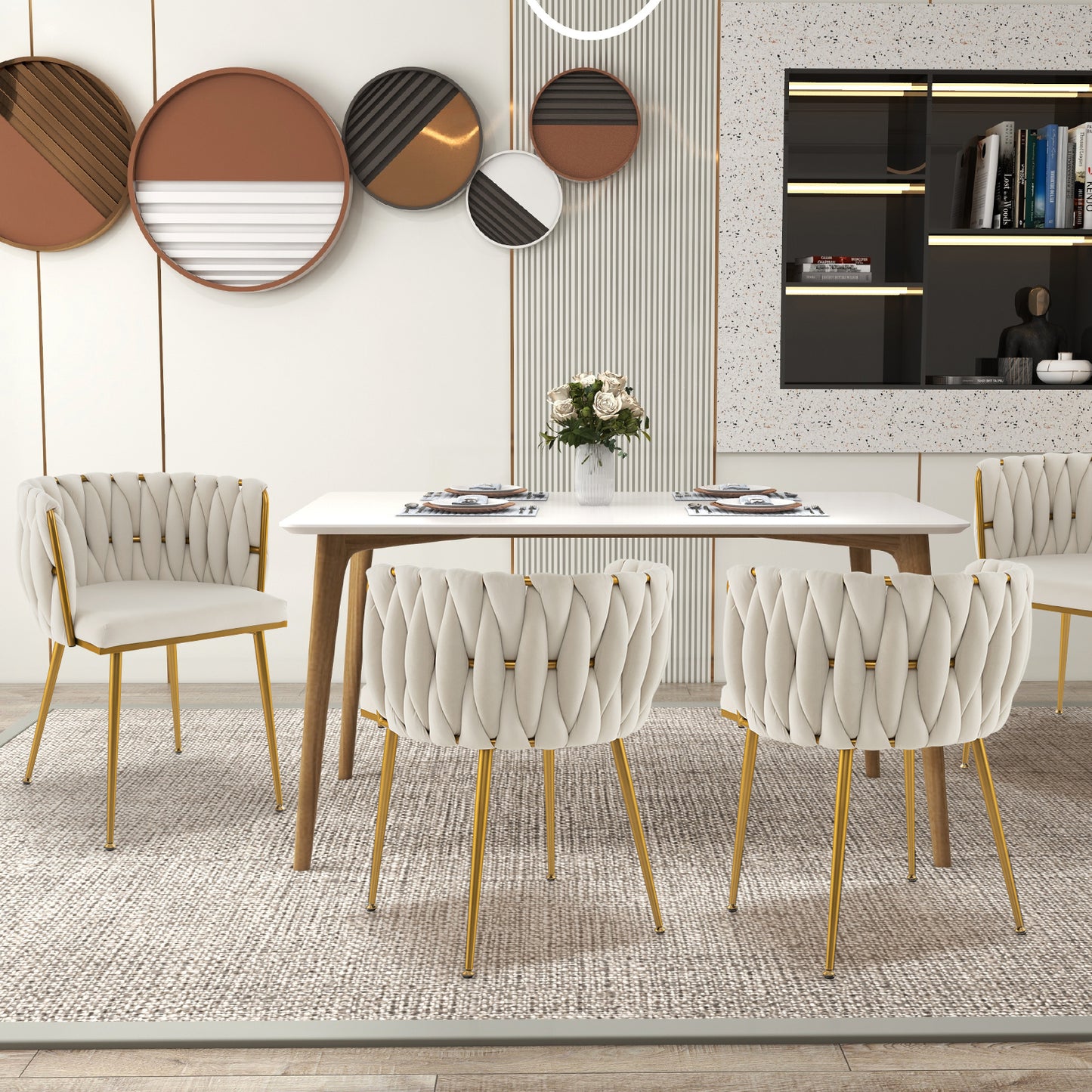 Set of 2 Velvet Upholstered Dining Chairs with Curved Backrest and Metal Frame - White