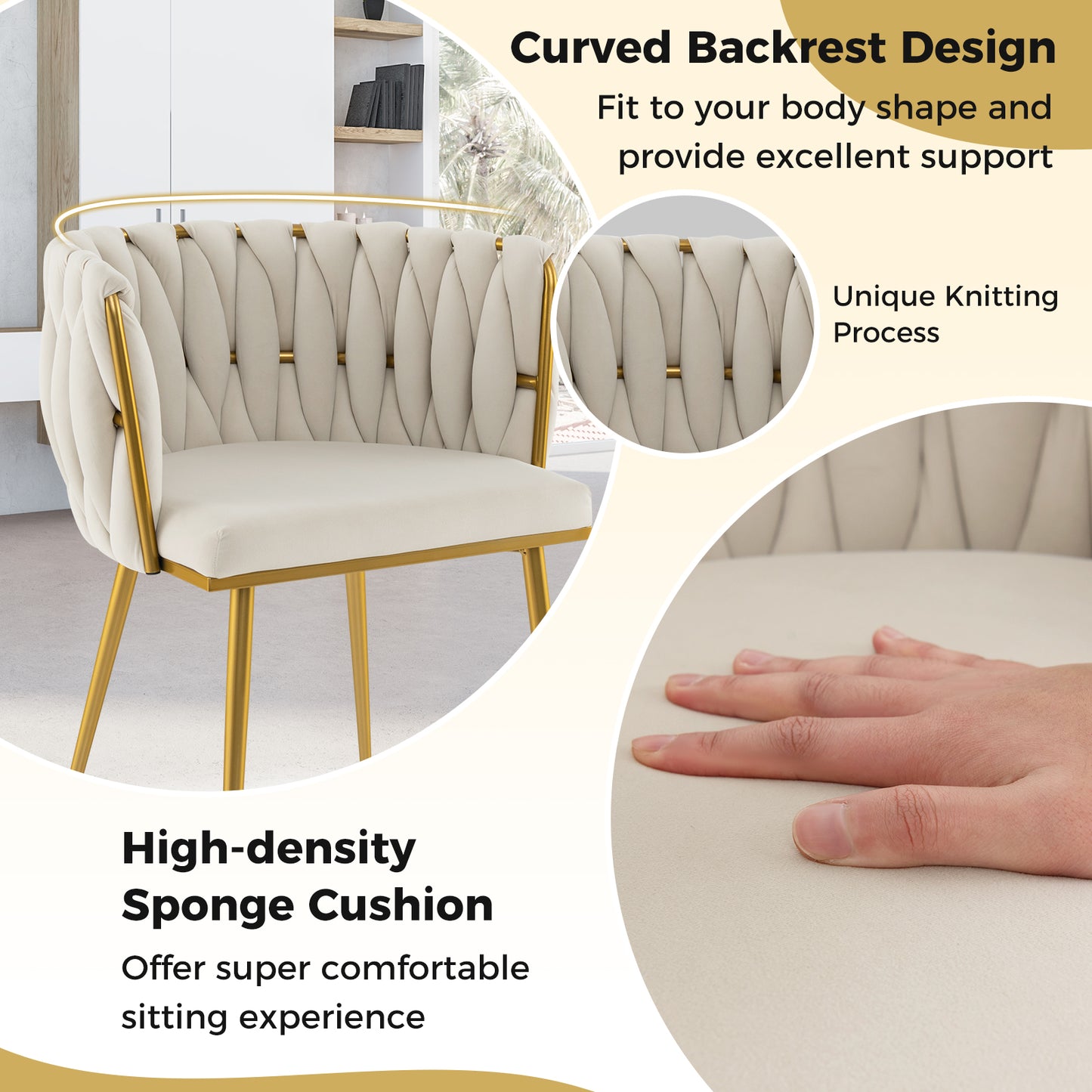 Set of 2 Velvet Upholstered Dining Chairs with Curved Backrest and Metal Frame - White