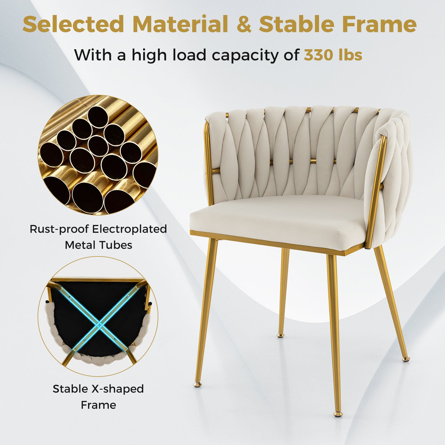 Set of 2 Velvet Upholstered Dining Chairs with Curved Backrest and Metal Frame - White