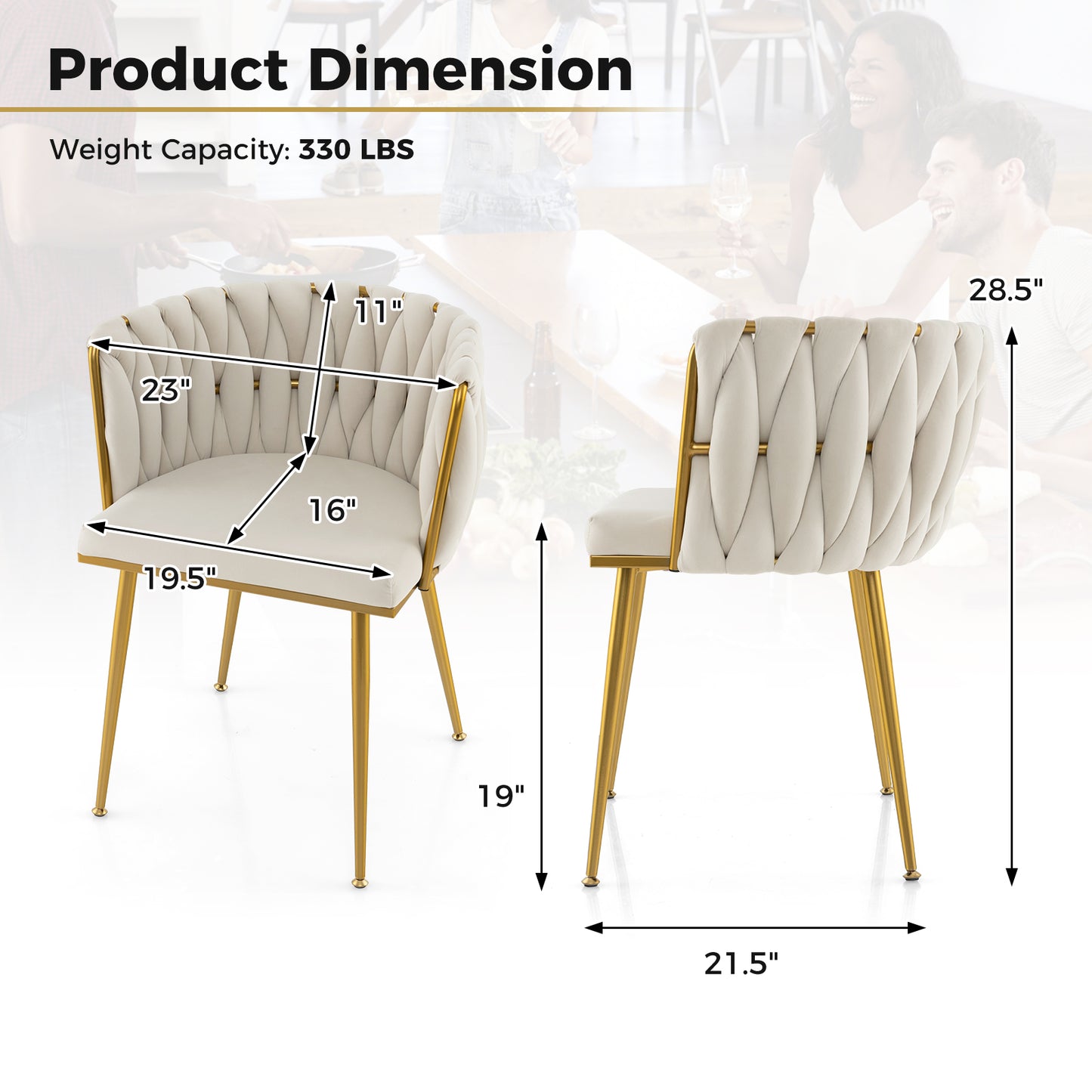 Set of 2 Velvet Upholstered Dining Chairs with Curved Backrest and Metal Frame - White