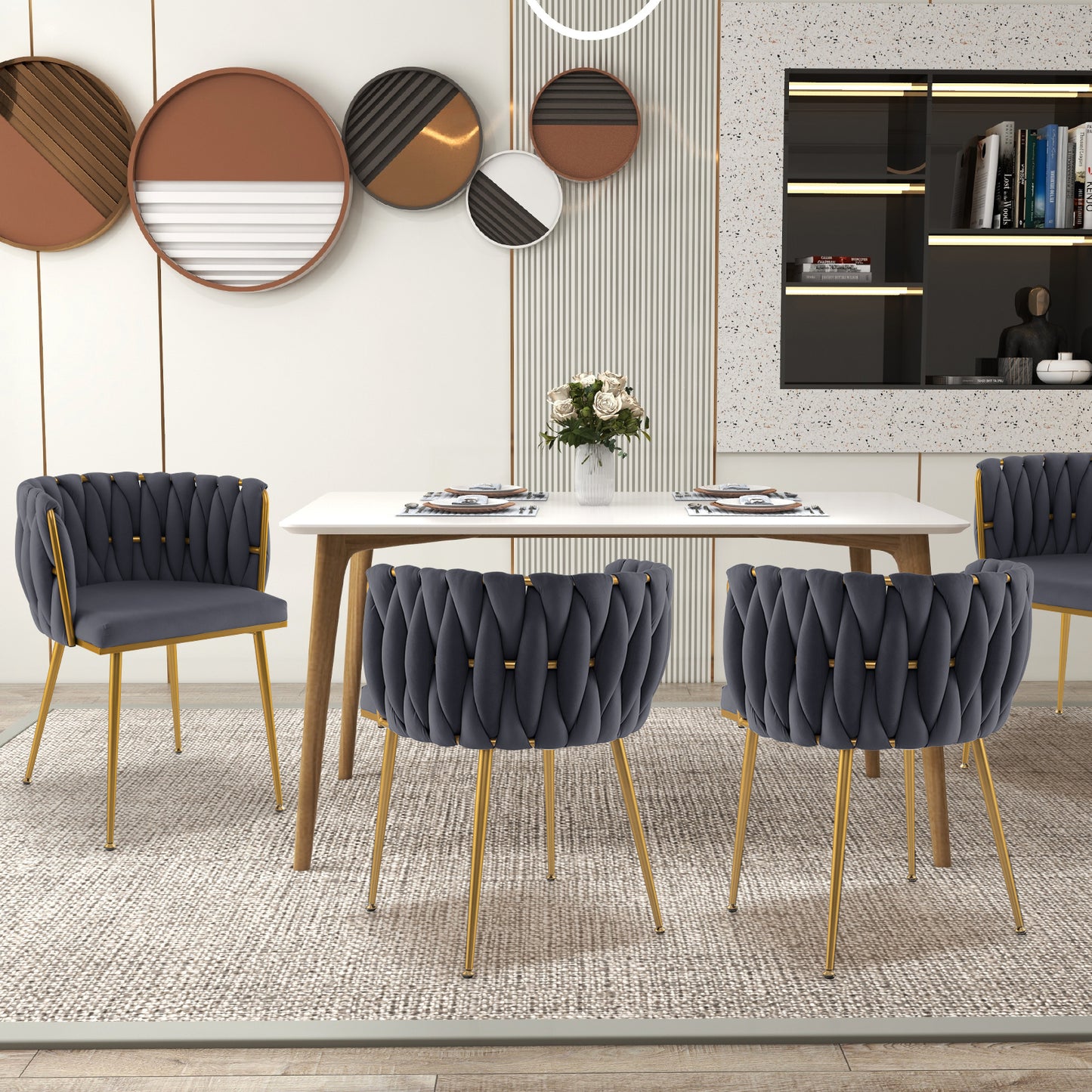 Set of 2 Velvet Upholstered Dining Chairs with Curved Backrest and Metal Frame - Grey
