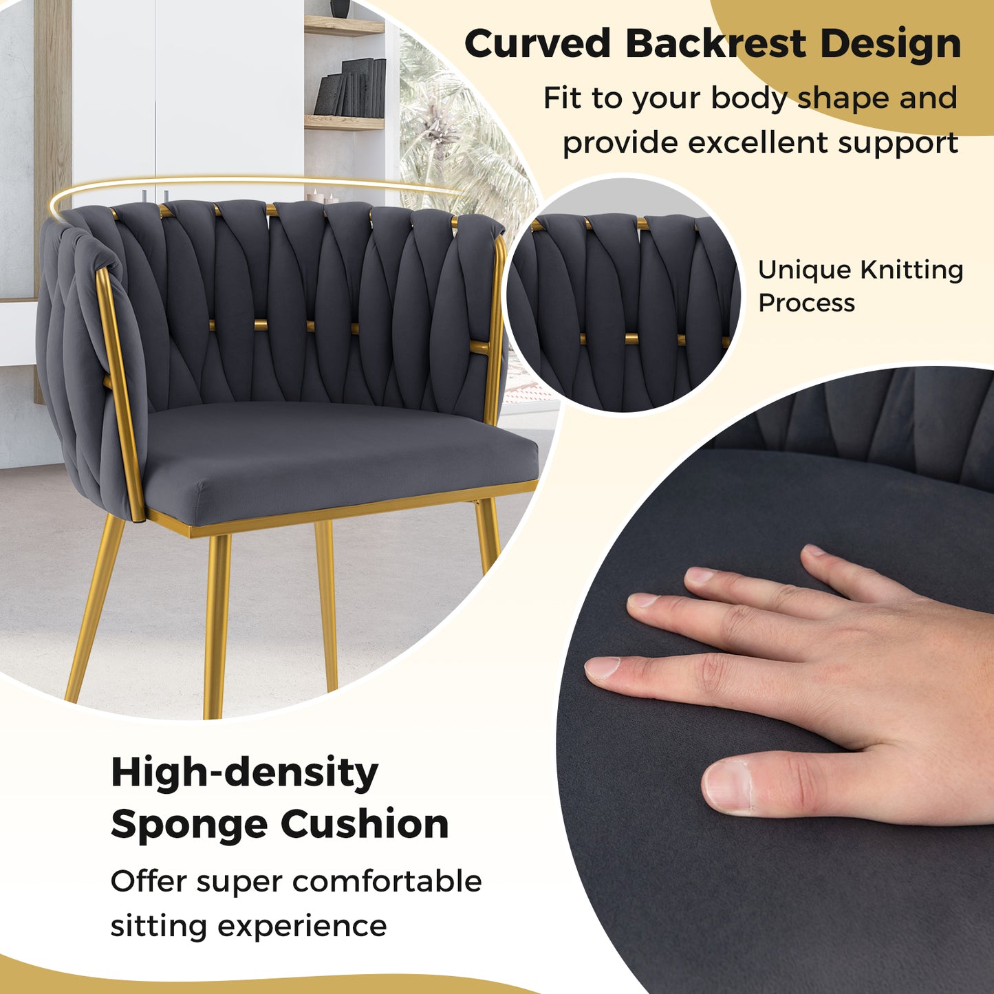 Set of 2 Velvet Upholstered Dining Chairs with Curved Backrest and Metal Frame - Grey