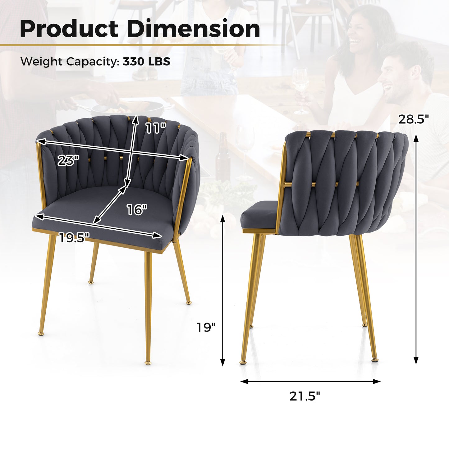 Set of 2 Velvet Upholstered Dining Chairs with Curved Backrest and Metal Frame - Grey