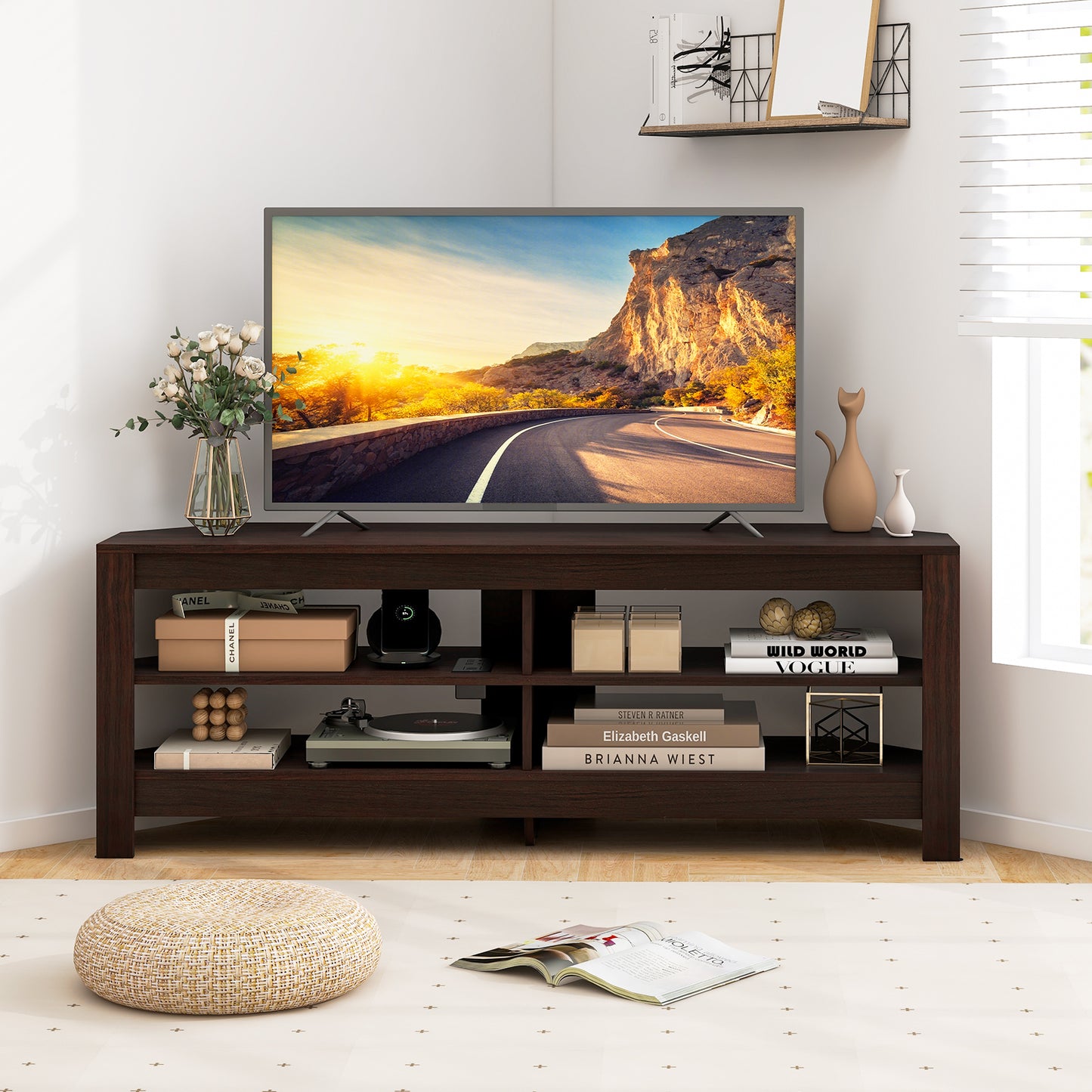 Corner TV Stand with Power Outlet, USB Ports, and 4 Open Storage Shelves, Fits TVs up to 65", Brown