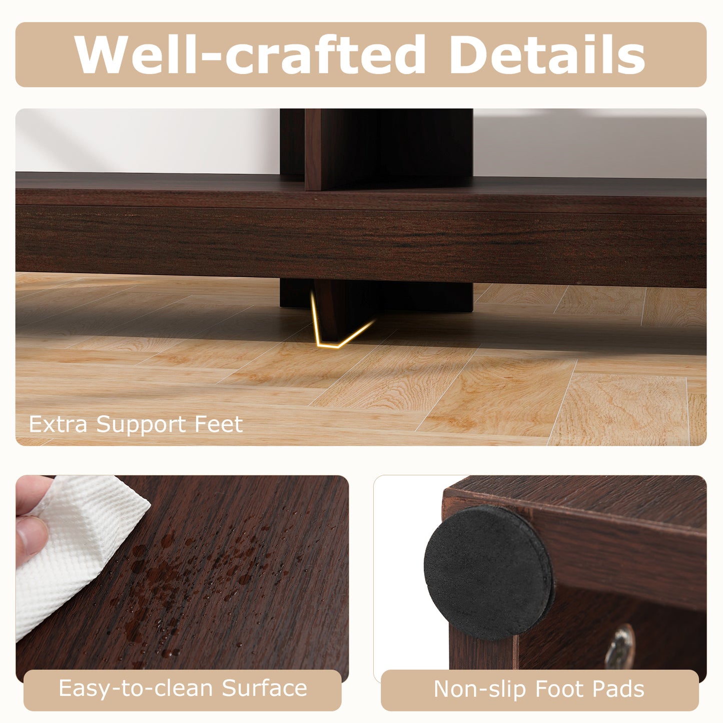 Corner TV Stand with Power Outlet, USB Ports, and 4 Open Storage Shelves, Fits TVs up to 65", Brown