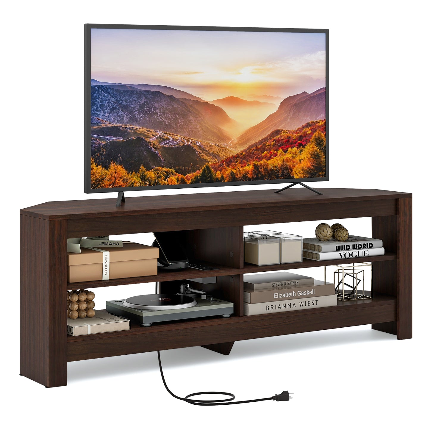 Corner TV Stand with Power Outlet, USB Ports, and 4 Open Storage Shelves, Fits TVs up to 65", Brown